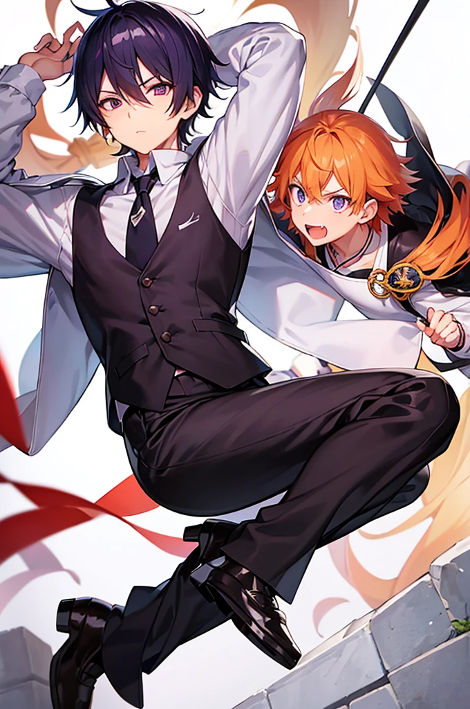 White background、Japan anime illustrations、成人male、アニメのmale、Orange Hair、all back、Black headband、Monocle、Purple Eyes、White shirt、Black vest、Black slacks、Brown leather shoeale、日本のmale、勝気な表情で笑っているmale、おでこがでているmale、Rolling up his sleeves