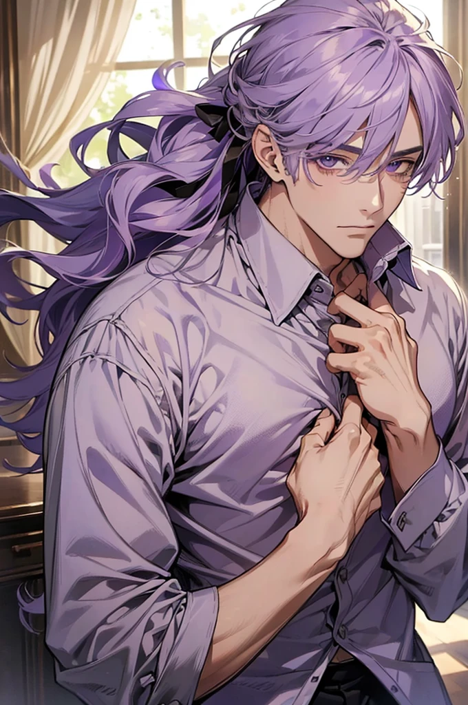 (Mastepiece), (Bestクォリティ), Very detailed, ((One Men:1.5)), Perfect Face, Beautiful Face, (Lavender-haired man:1.3)、shirt、Best