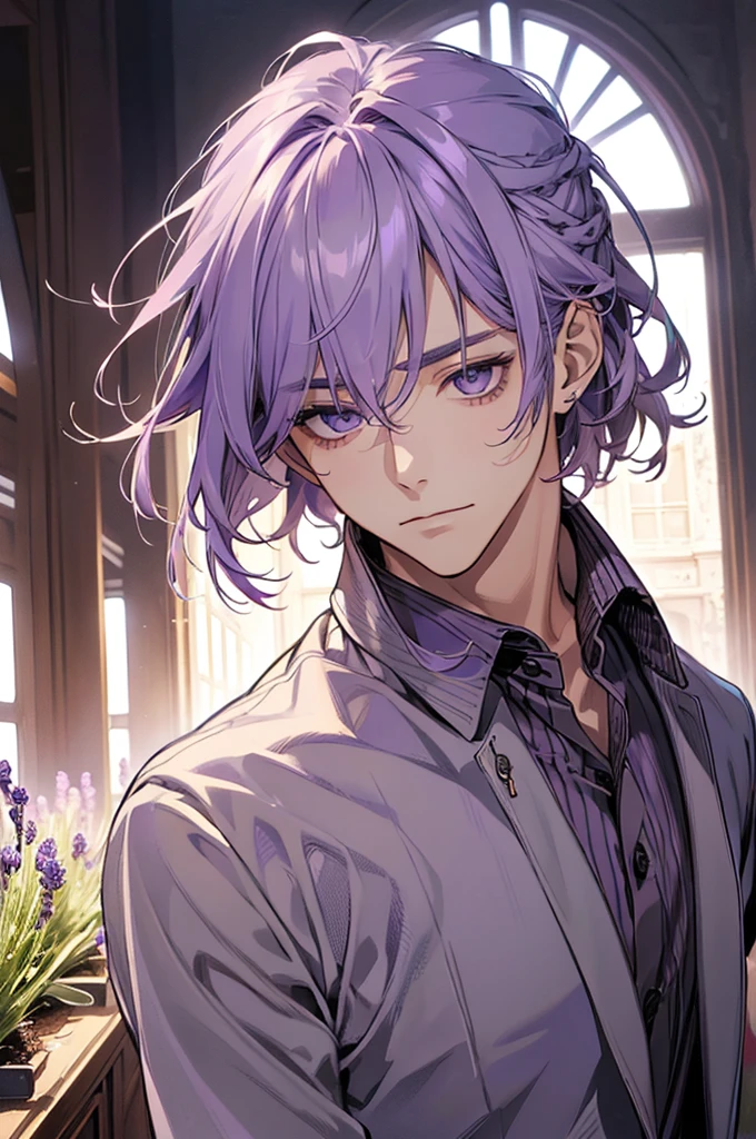 (Mastepiece), (Bestクォリティ), Very detailed, ((One Men:1.5)), Perfect Face, Beautiful Face, (Lavender-haired man:1.3)、shirt、Best
