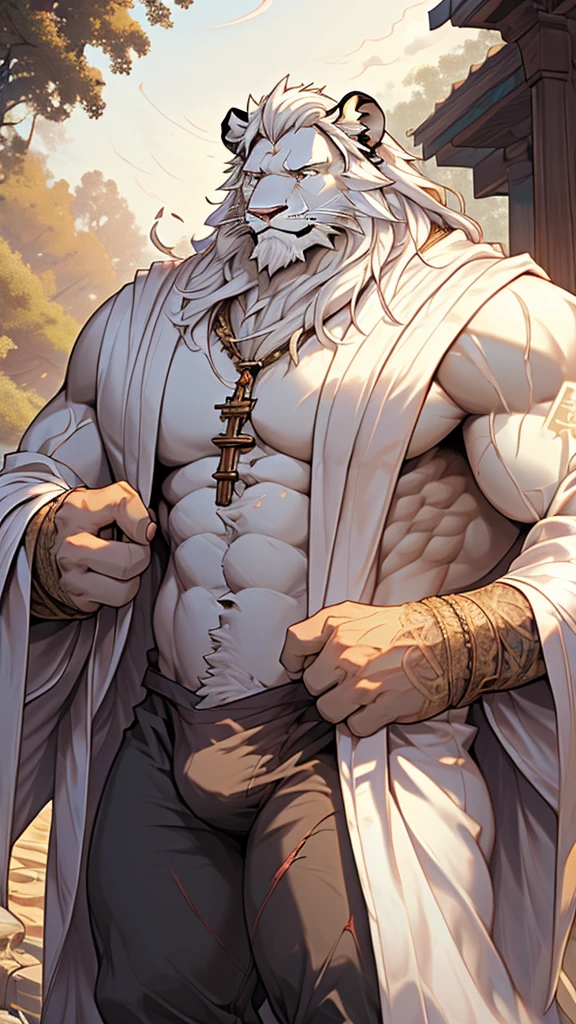 (masterpiece),(highres),(intricate details:1.4),extremely detailed,(illustration:1.2),8k,photorealistic,exquisite,,aged,elder male lion ,muscular,(bishop :1.7),(Ancient Greek mythological style;1.8),(loose white robe:1.6),manhood,safeguard,(white hair:1.3),long hair,long white beard,scar,(badly damaged),(sacrifice),hurt,broken body ,(bulging crotch:1.8),(homosexual),(naked upper body:1.7),(a serene face:1.9)