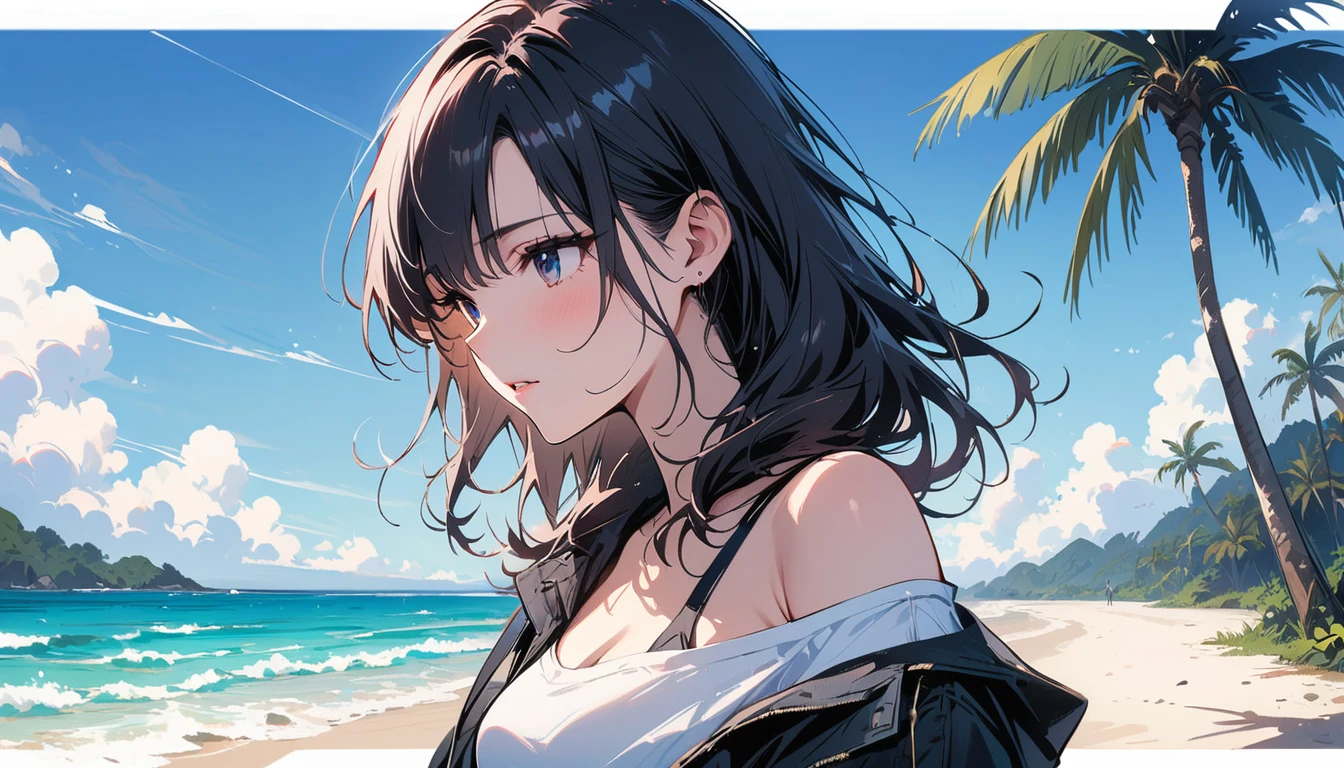 (masterpiece, Highest quality:1.2), 1 Girl, alone,Eyes open,Listening to a boombox,Tropical atmosphere,Ocean
