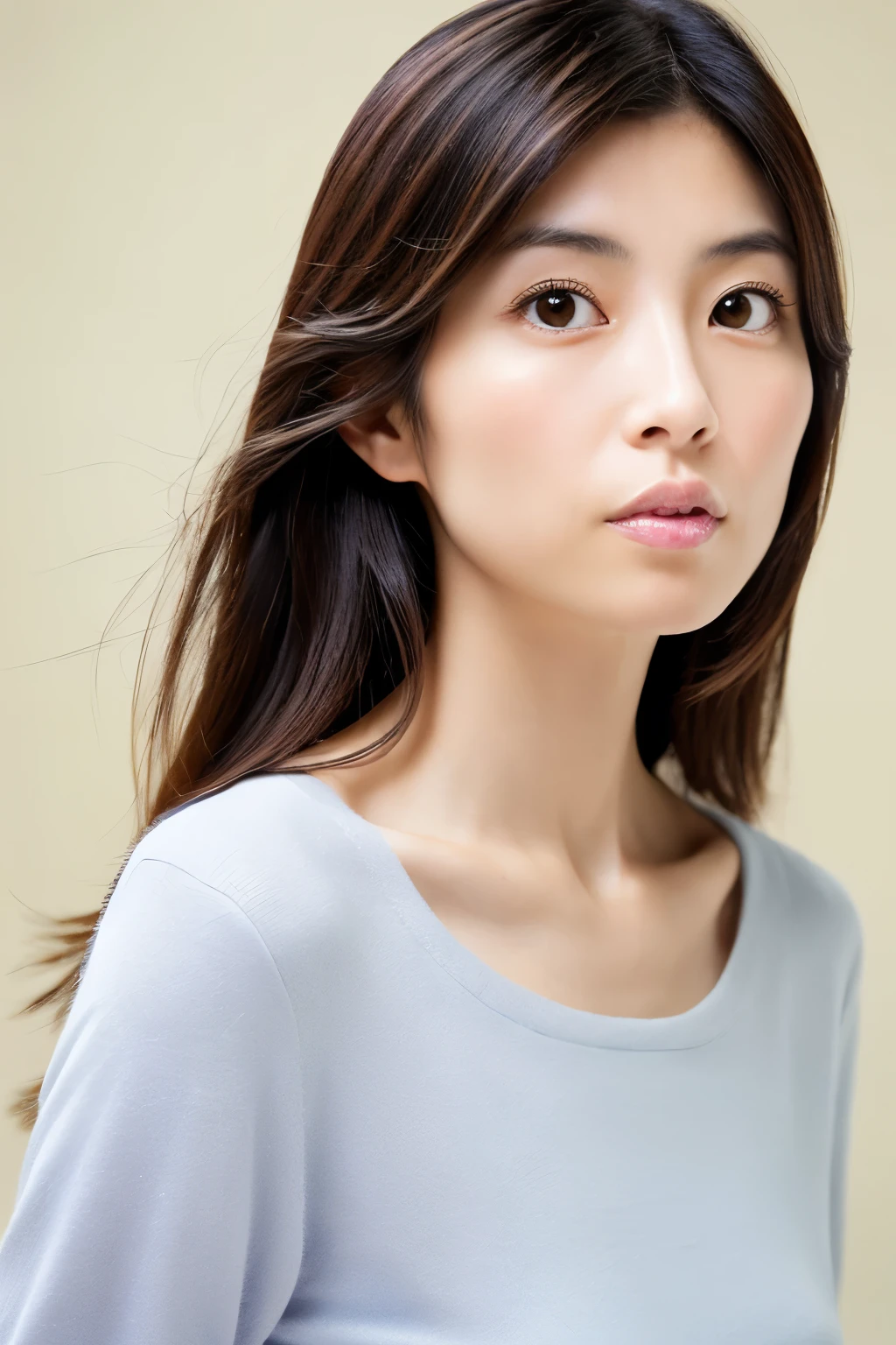 (High reality photograph, high resolusion), Skinny Japanese lady, 30 years old, cute face, detailed face, detailed eyes, various hair style, skinny figure, correct ????????????, ((looking straight ahead)), facing the camera directly, single photo, a photo captured the best moment expressing the beauty and brains, ((with simple background))