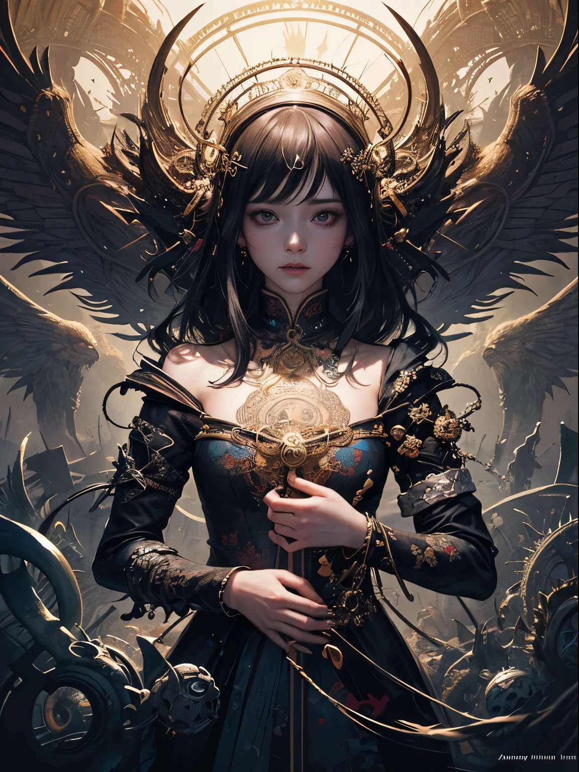 official art, unity 8k wallpaper, ultra detailed, beautiful and aesthetic, masterpiece, best quality, (zentangle, mandala, tangle, entangle), (fractal art:1.3) , 1girl, extremely detailed, dynamic angle, cowboyshot, the most beautiful form of chaos, elegant, a brutalist designed, vivid colours, romanticism, by james jean, roby dwi antono, ross tran, francis bacon, michal mraz, adrian ghenie, petra cortright, gerhard richter, takato yamamoto, ashley wood, atmospheric, ??????? of musical notes, streaming musical notes visible