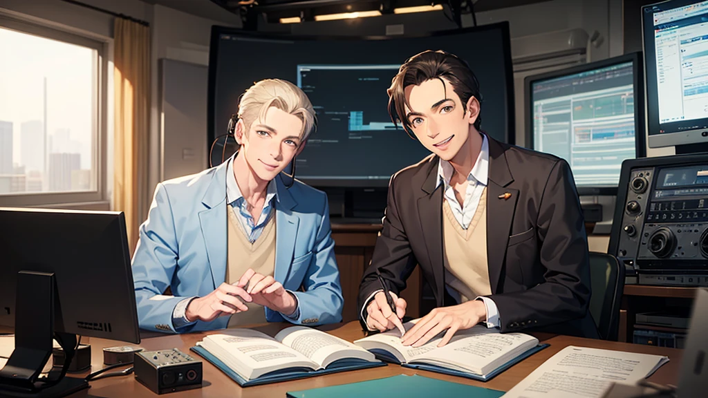 Two men,Radio program,Read the manuscript,Radio Booth,studio,smile,