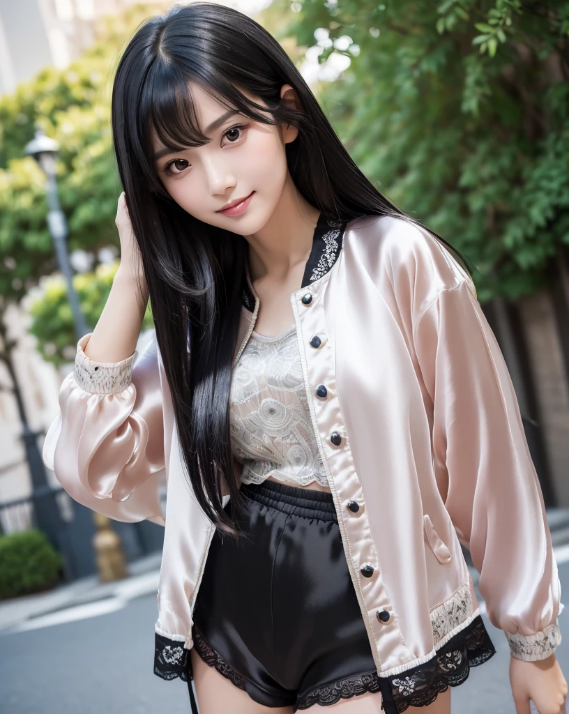 (Highest quality, 32k, High resolution, Masterpiece:1.5), marimo_jet, magnificent々A photograph with brilliant dazzling and healing power., Evoking a sense of calm and elusive beauty, Expressing emotions, Have a rich imagination, Beautiful Japanese Girls, An exceptionally beautiful face, Small Face Beauty, ((Full body low angle:1.3)), Perfect Human Anatomy, Magical big eyes, Motherhood and generosity, Deep Love, fleeting smile, ((Shiny black hair:1.4)), ((Intricately messy super long straight silk hair:1.3)), Asymmetrical bangs, Hair between the eyes, Transparent, soft white skin, Sharp eyebrows, Thin lashes, Natural Makeup, Cheek highlighter, Pale pink detailed lips, ((Black jacket:1.3)), ((Black shorts:1.3)), Slim figure with ample breasts, High resolutionの美しい太もも, ((Early morning street:1.2)), ((illumination)), Professional Lighting, Professional photographer, Professional models, mysterious