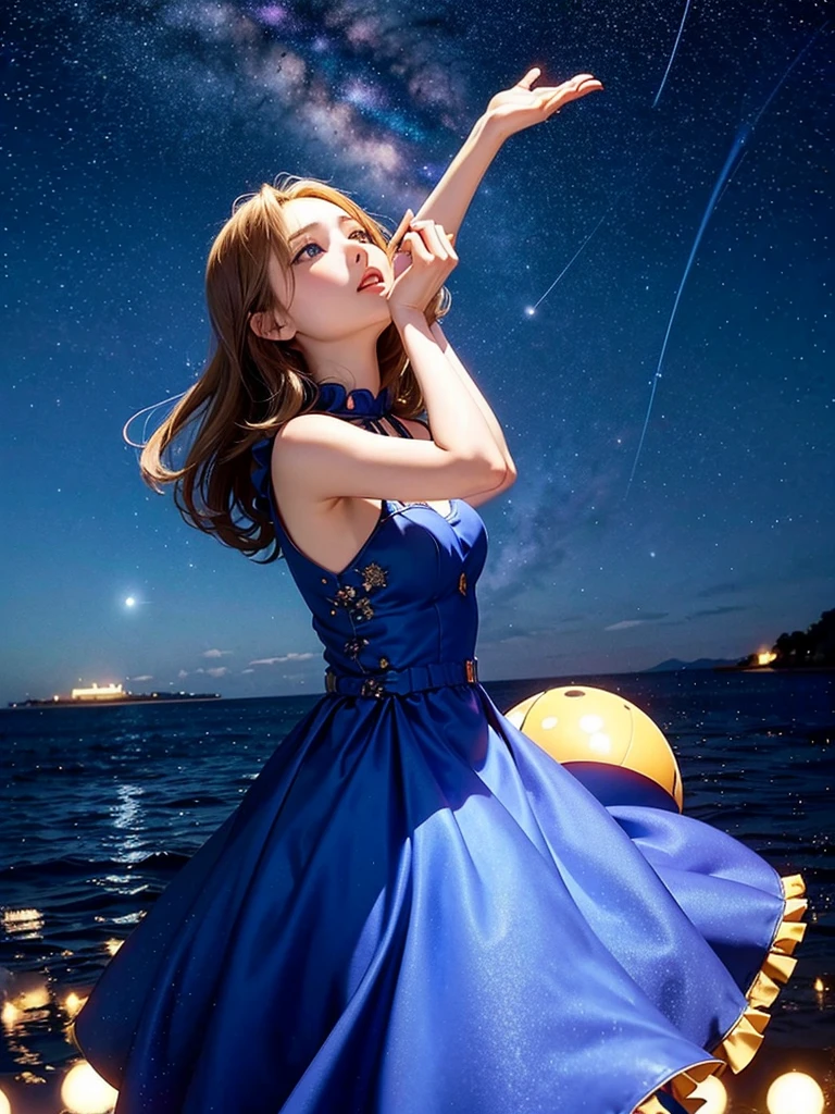 Anime girl, HD, looking up to the sky, is sad, falling stars, longing look, medium length hair, blue golden mixed eyes, wearing ball gown, hand reaching up to the sky