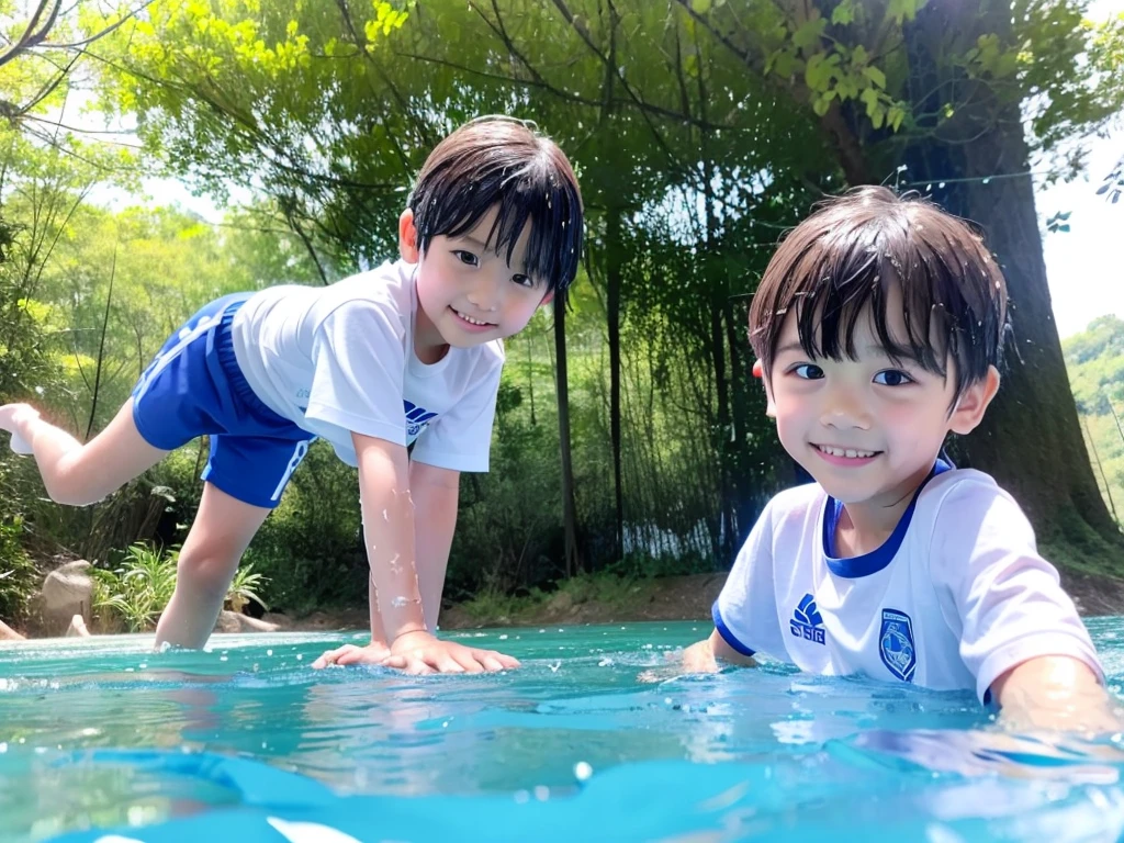 In the forest、Swimming in the river、10Year old boy、Cute boy、My whole body is wet、Boy in gym clothes、The bottom of the white T-shirt is blue、Blue shorts、Japanese、(Boy 1.4)、cold water、 field trip、Children are having fun