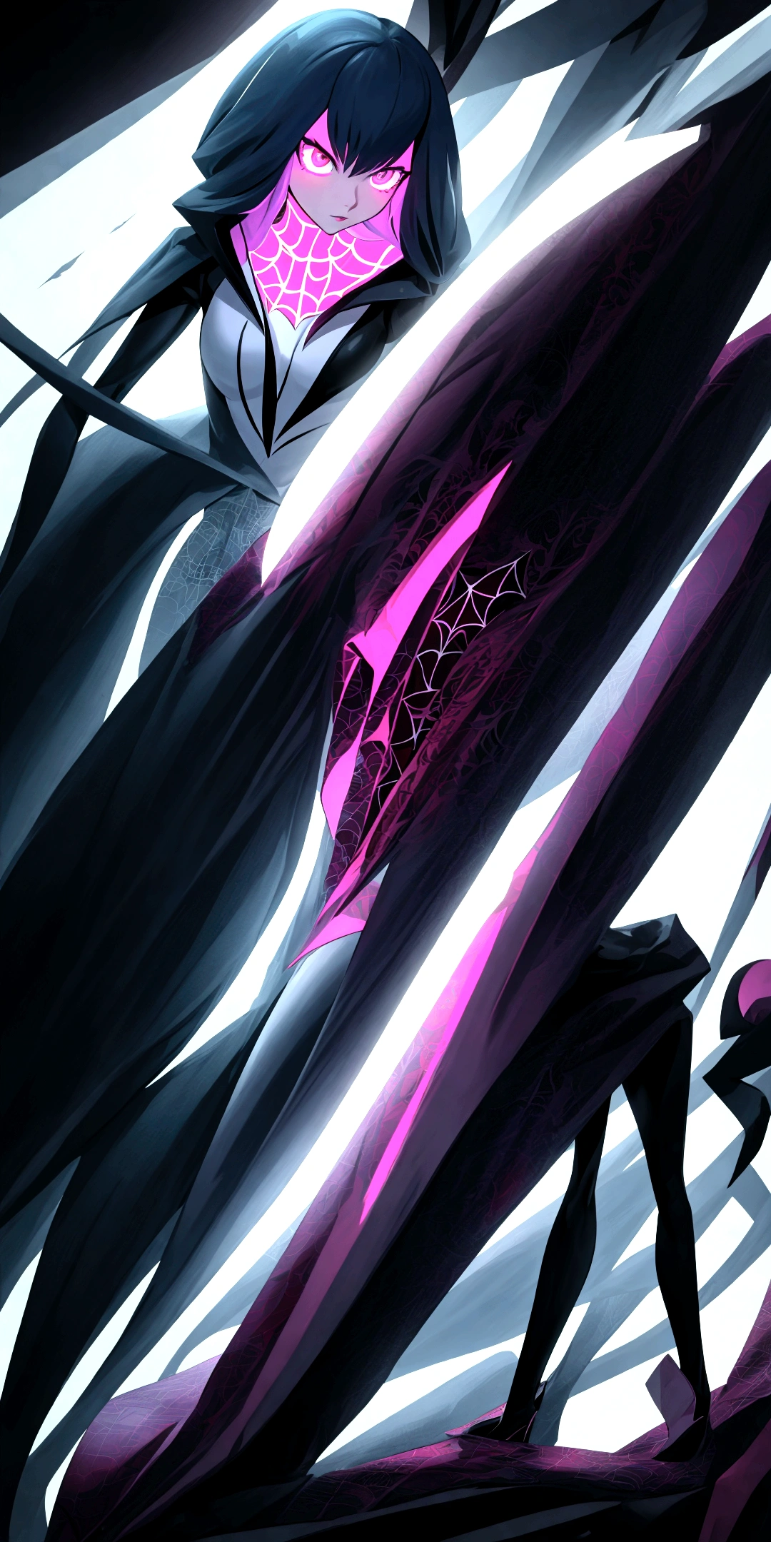 Close-up of cartoon character with very long hair, SPIDER GWEN, Spider Gwen, Spider - Gwen, 2d art, 2 d art, Low resolution, background image, official fanart, cel - shaded art style, loish |, ominous pose, A high resolution, 2D style, Stylized neon, digital art from danganronpa, kda