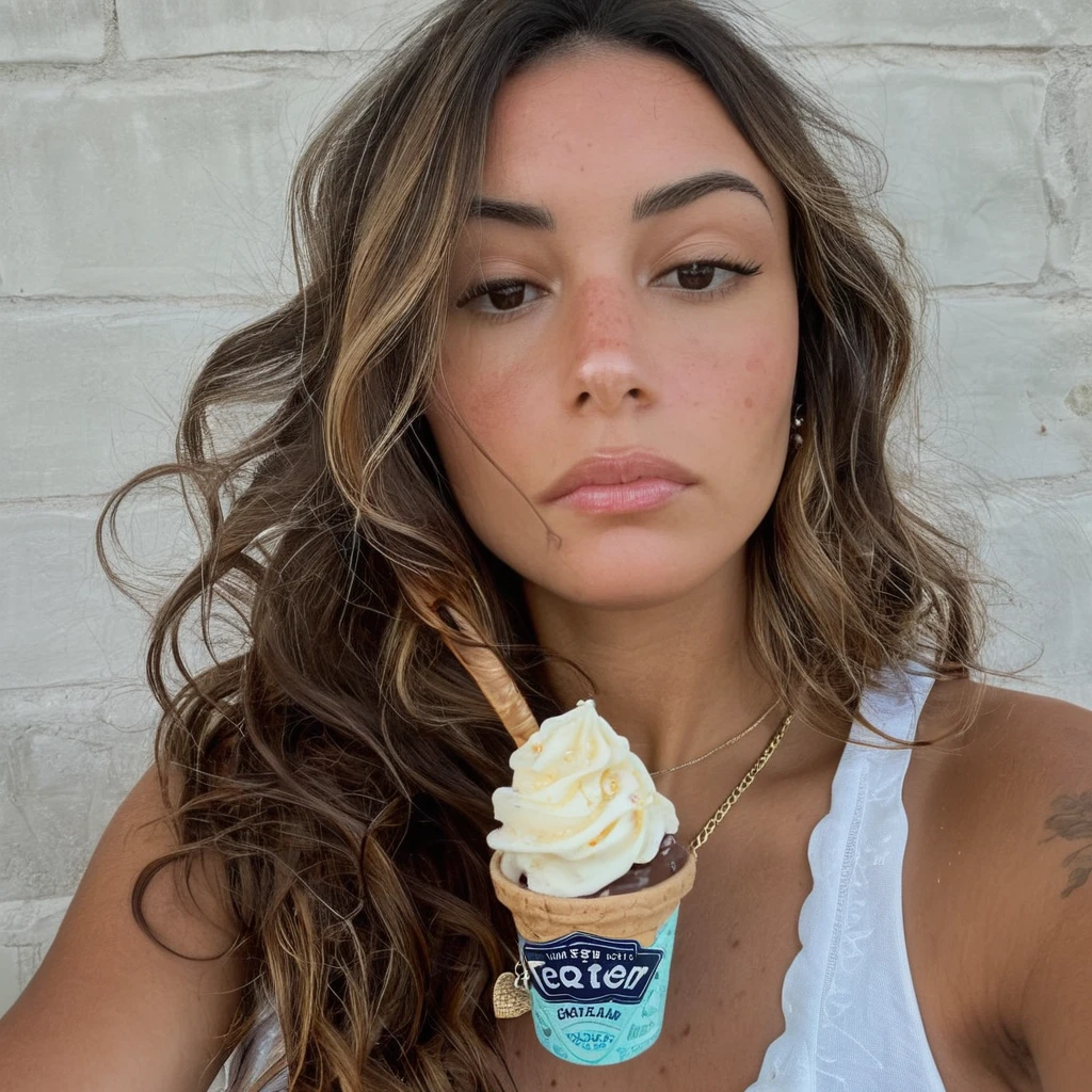 regardant droit vers la caméra, grain de film, Texture de la peau, Instagram selFie oF a woman leaking ice cream with beautiFul wavy hair wearing a heart necklace,F/1.8,porter une chemise à col roulé,