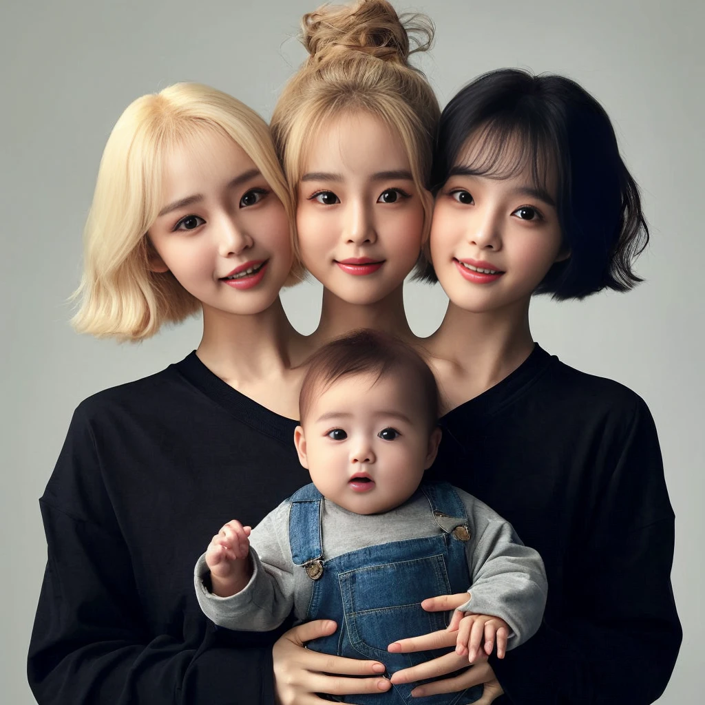 2heads, best resolution, korean woman with three heads, smiling different heads, holding baby, black shirt