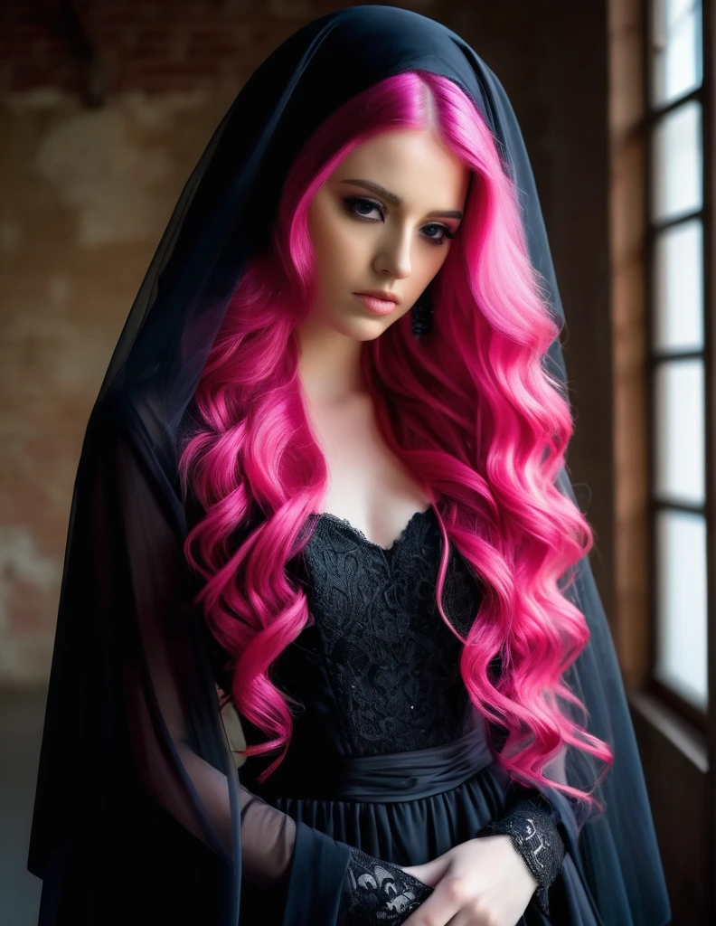 very attractive 25 year old girl with long wavy bright pink hair, wearing black dress with black veil, looking sad, mourning bout a death, photo quality