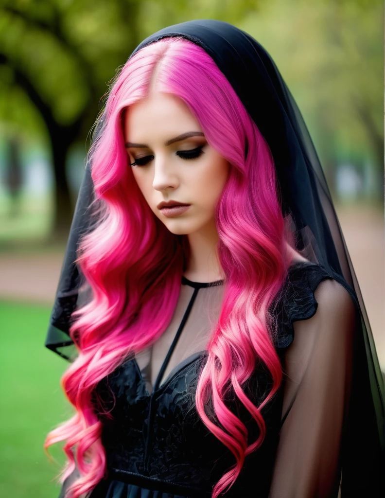 very attractive 25 year old girl with long wavy bright pink hair, wearing black dress with black veil, looking sad, mourning bout a death, photo quality