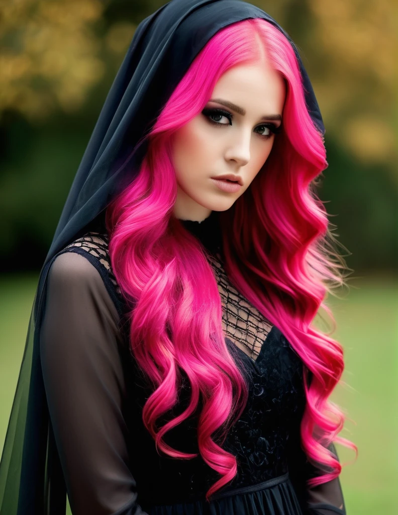 very attractive 25 year old girl with long wavy bright pink hair, wearing black dress with black veil, looking sad, mourning bout a death, photo quality