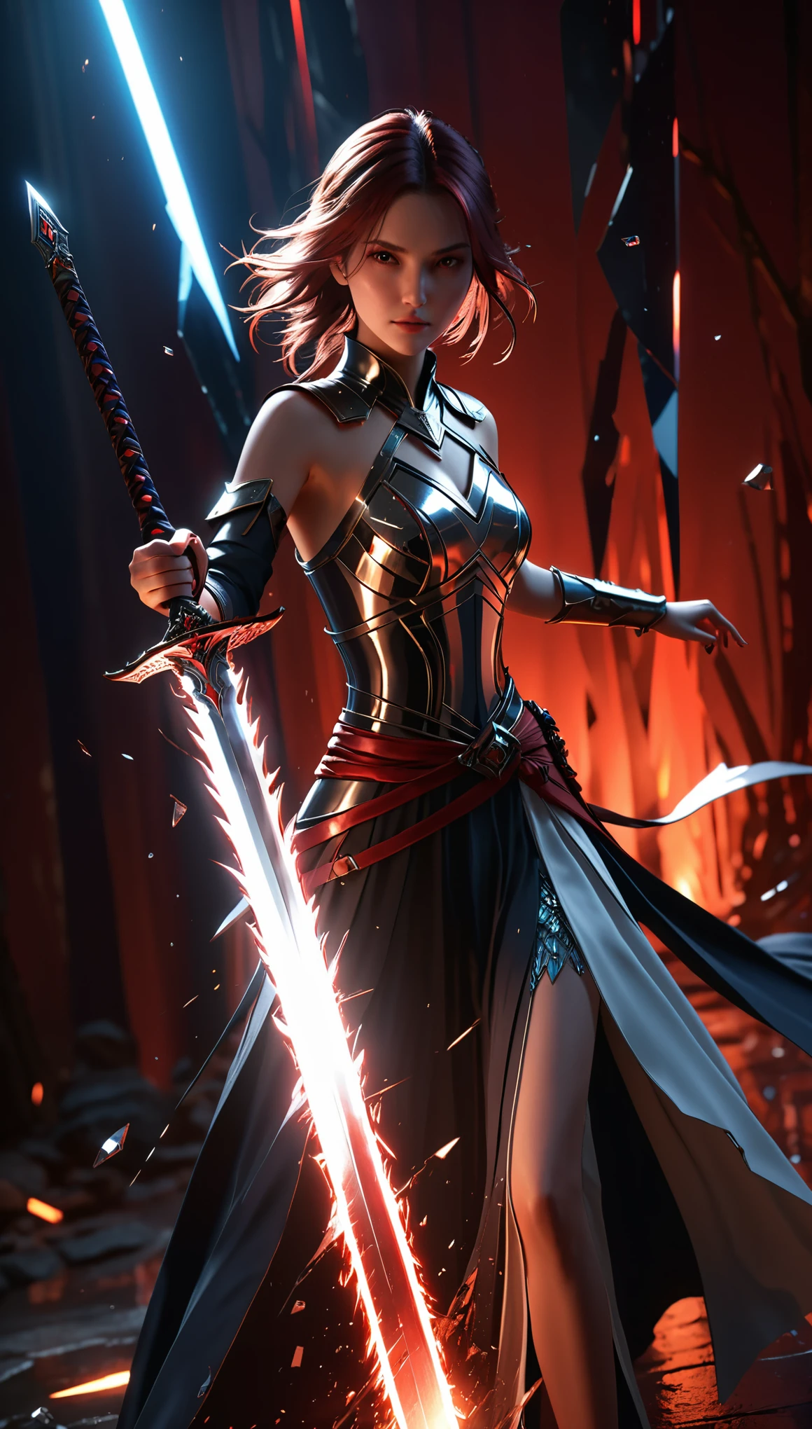shattered glass，broken，refraction，Reflective，Light and Shadow Art，1 Girl half body close-up，Blurred foreground，Dynamic Action，Motion Blur，Luminescence(Giant Long Sword:1.8)，Red light，Realistic sword，3d ，Unreal Engine，Rendering，scary shadows