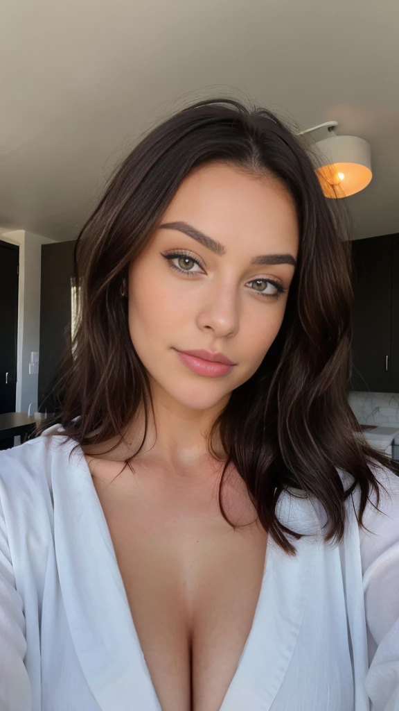Jolie belle brune en débardeur sexy faisant un Selfie (black har) (in a bed), Selfie, Low cut, very detailed, 18 ans, Visage innocent, naturally wavy hair, yeux verts, high resolution, head of'ouvrages d'art, best quality, intricate details, very detailed, mise au point nette, detailed skin, texture de peau realistic, texture, detailed eyes, professionnel, 4K, charming smile, prise avec Canon, 85 millimeters, slight depth of field, Kodak Vision Color, corps parfaitement ajusté, extremely detailed, Photograph_\(ultra\), photographiquerealistic, realistic, Post-traitement, Maximum details, roughness, real life, ultrarealistic, photorealism, photographie, 8k uh, photographie