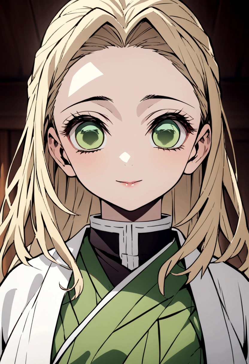 Masterpiece, Best Quality, a girl、light blonde hair、long hair、green eyes、wearing haori、smiley、Kimetsu no Yaiba、 