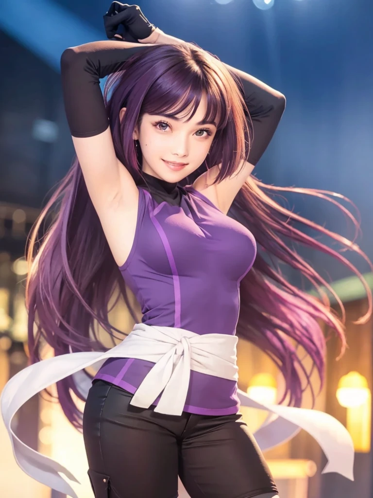 anime girl in purple top and black pants standing in the middle of a city, hinata hyuga, anime visual of a cute girl, anime style like fate/stay night, anime visual of a young woman, hanayamata, misato katsuragi, an anime girl, from girls frontline, anime girl wearing a black dress, seductive anime girl