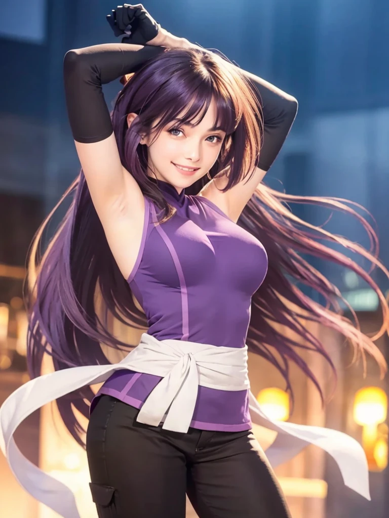 A beautiful girl, high quality, real details, color details, face details, eyes details, intricate details, smile face, smooth glowing skin, 3D image, medium contrast, cinematic lighting, realistic, masterpiece, 8K, thin face, front bangs hair, long hair with purple color, purple eyes, smiling , pink mouth, a girl with a purple sleeveless shirt, large breast size, 2 hands, 2 hand raised, 5 fingers, showing armpits, smooth armpit, black shorts.