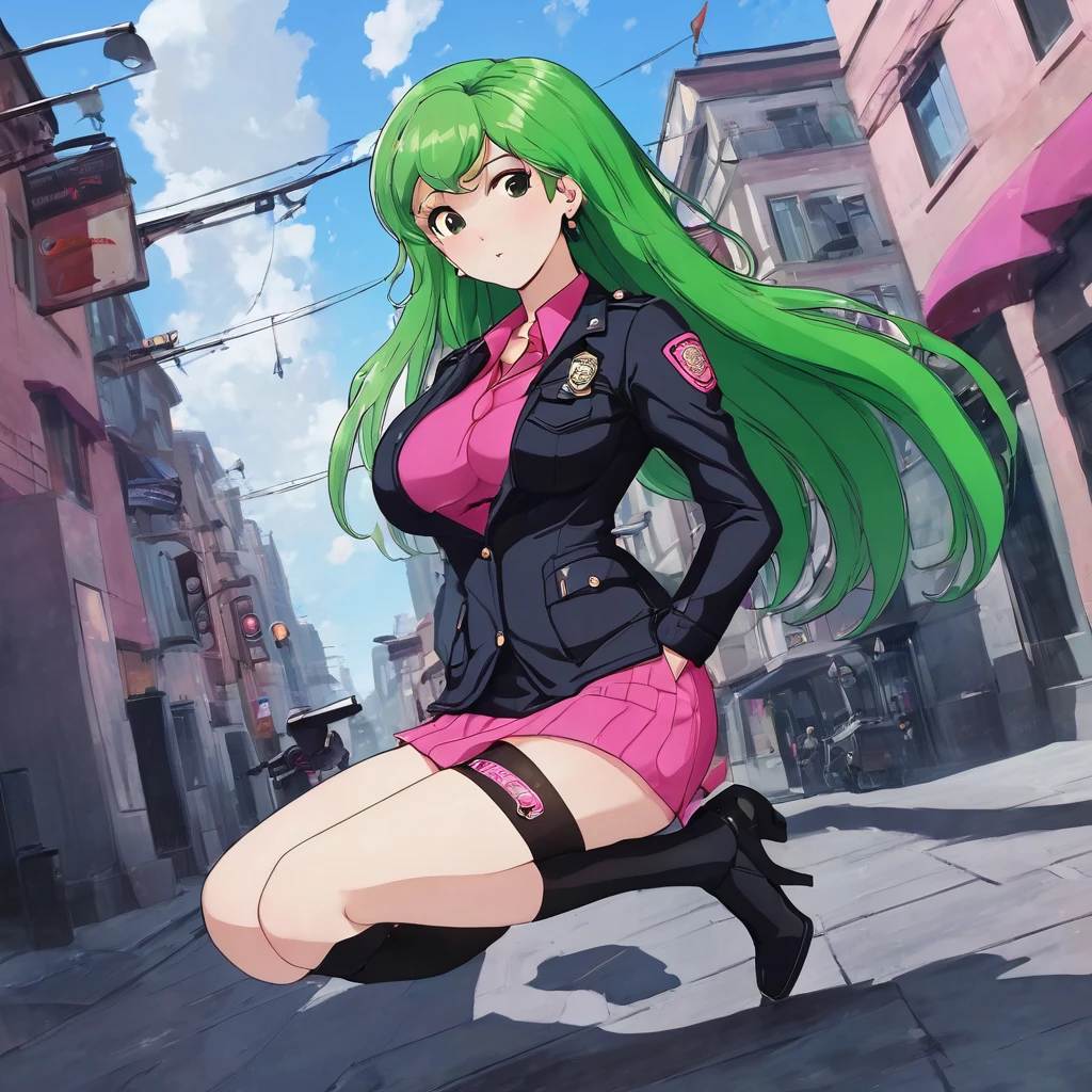 (Masterpiece, Best Quality:1.2), 1 girl, pink police suit with skirt, dark tights and boots, long green hair