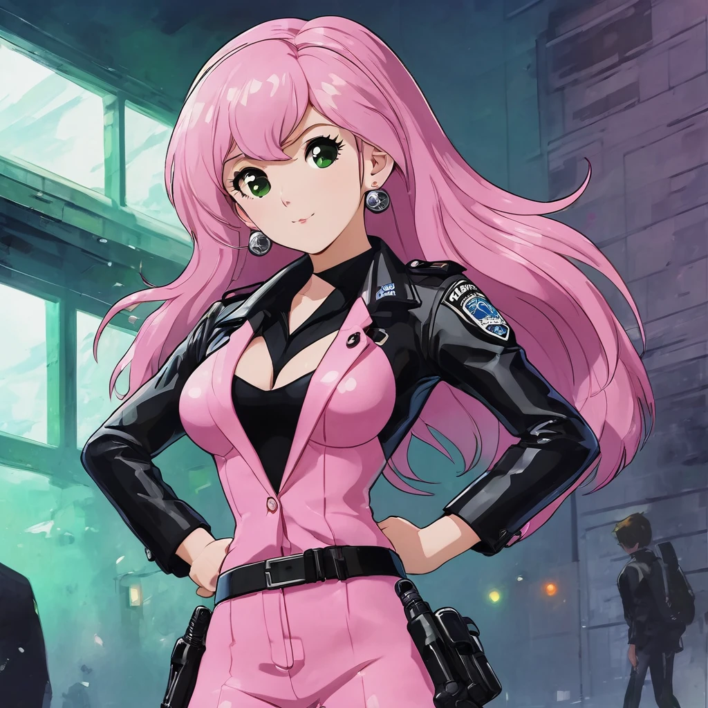 (Masterpiece, Best Quality:1.2), 1 girl, pink police suit with skirt, dark tights and boots, long green hair