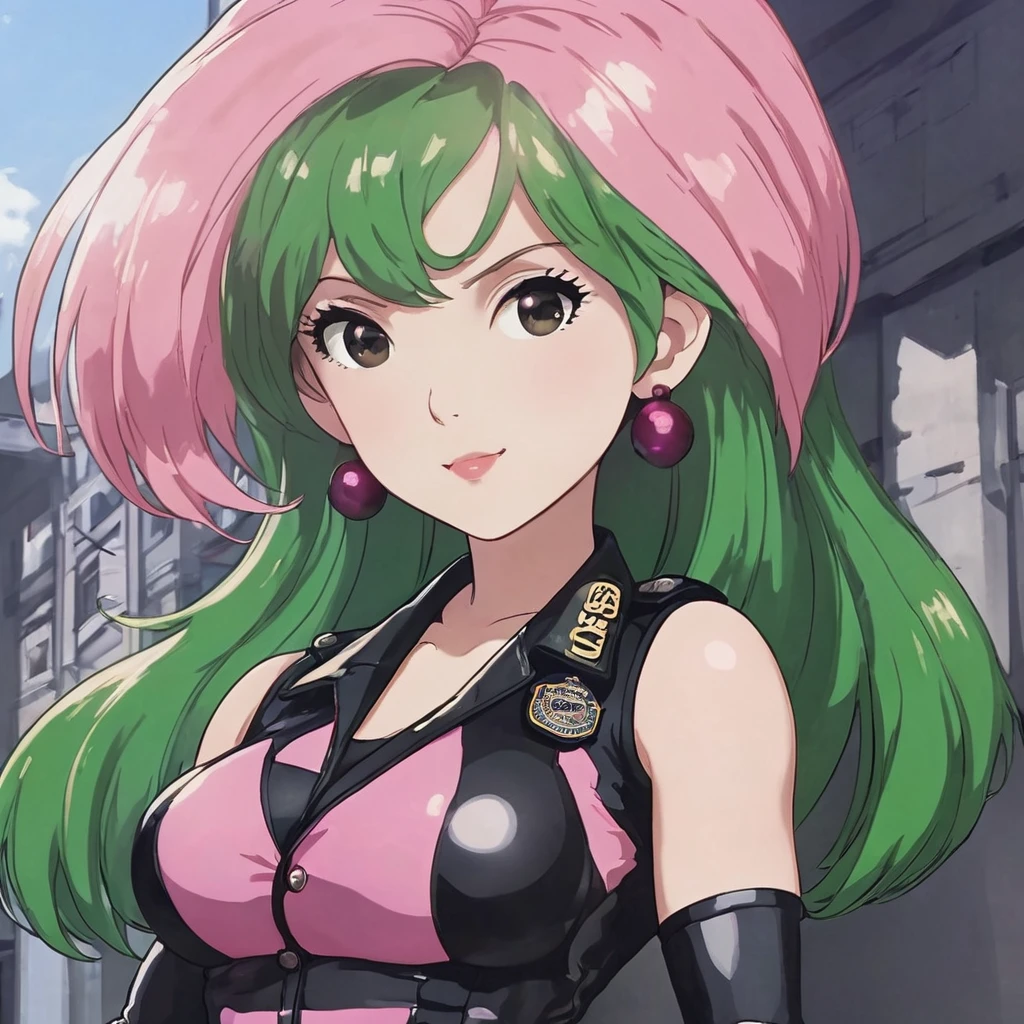 (Masterpiece, Best Quality:1.2), 1 girl, pink police suit with skirt, dark tights and boots, long green hair