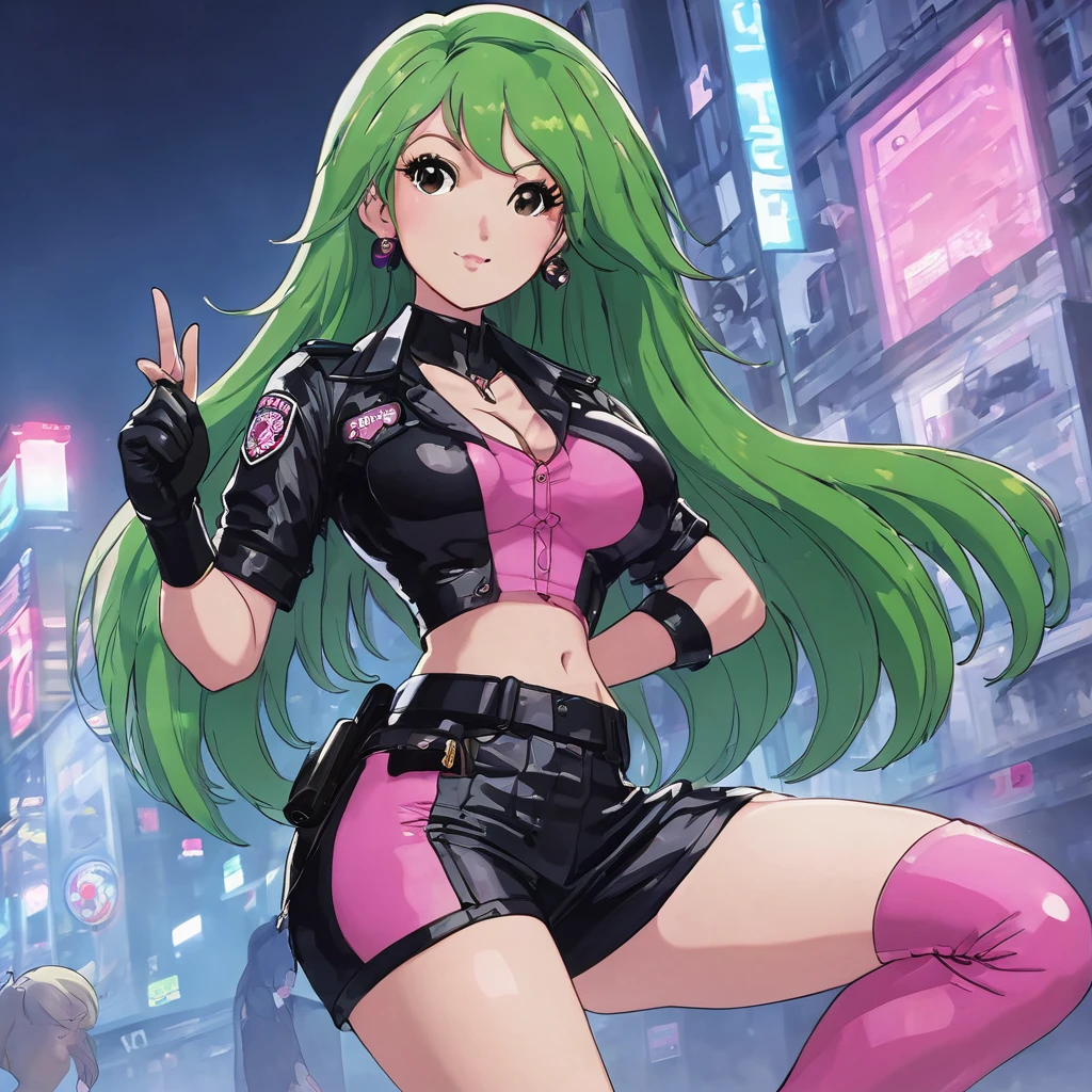 (Masterpiece, Best Quality:1.2), 1 girl, pink police suit with skirt, dark tights and boots, long green hair