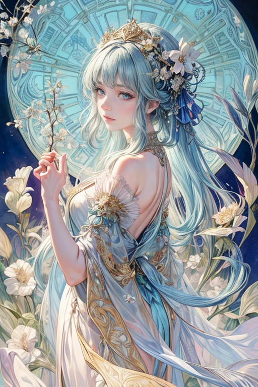 A very detailed watercolor painting,Depicting a beautiful woman with flowers in her hair, The Style of Alphonse Maria Mucha and Gustave Kielmuth, Art Nouveau accents, Fairy tale princess, Anthropomorphic female, Female image, Detailed cover design, as goddess of flowers, Alphonse Mucha, by Gustav Klimt, Light blue skin, Marble Sculpture, CG Society, Gothic art, Art Nouveau, Winner of the Behance competition
