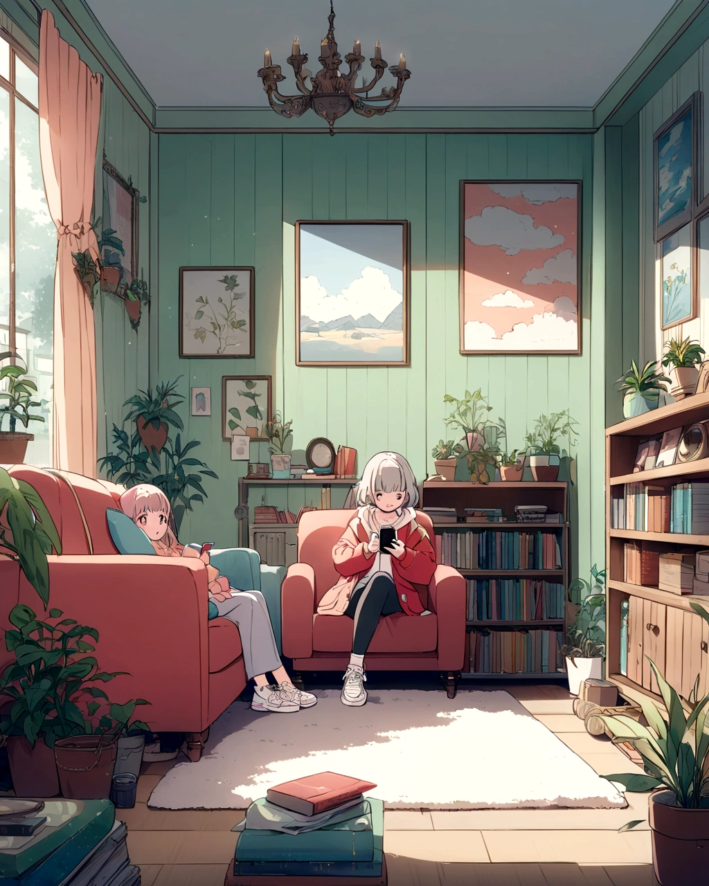 "A young girl with light gray hair sits on a couch in a cozy living room, holding a smartphone. She is wearing a white and red oversized jacket and white sneakers. The room is filled with various green plants and has a warm, inviting atmosphere. A can of soda and a stack of books rest on a small round table in front of her. The walls are decorated with framed pictures and shelves with small plants and other decorations. The scene is illustrated in an anime style with soft, pastel colors."