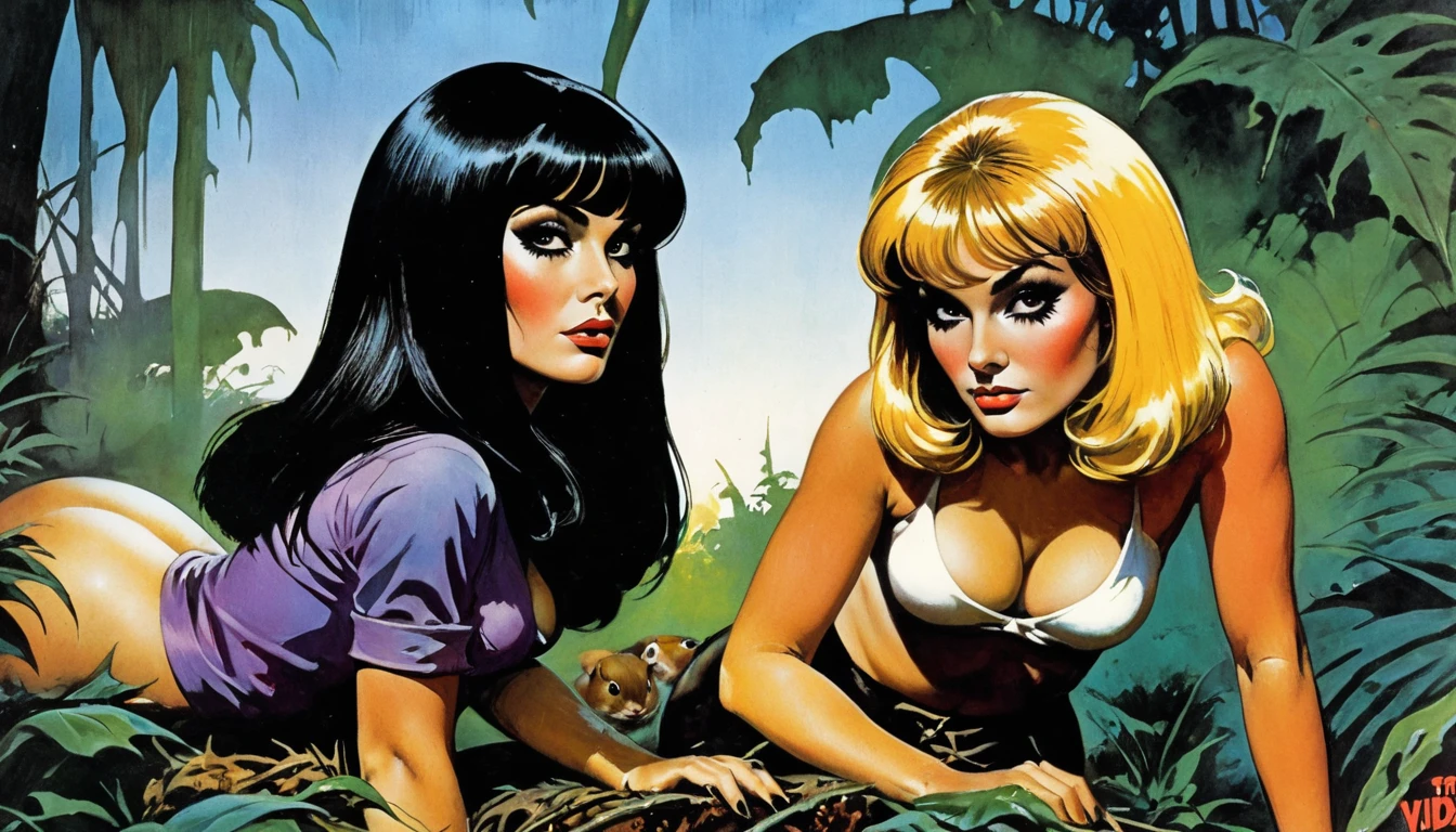 ((commnado army girls, in the jungle, blood, human body parts, mutated guinea pigs)), exotic, mysterious, vintage exploitation poster, magazine illustration, paper ripped and worn, stained, classic Crime and Horror, Gothic, Euro-Sleaze, Italian cinema, French horror film, Jean Rollin, Jess Franco, Quentin Tarantino, exploitation aesthetic, 50s, 60s, 70s, murder, suspense, lurid vivid colors, by Brian Bolland, by Basil Gogos, by Frazetta, by Mike Ploog, oil paint, dramatic, bold, ((ADD TEXT, FONTS: TRUE KILLING))