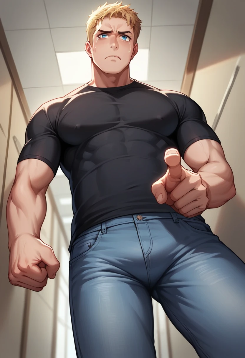 Illustration, detailed illustration, ultra detailed, masterwork, 1boy, 20 year old man, handsome, toned, sad expression, anguished expression, upward angle, dynamic angle, looking at viewer, short blonde hair, blue eyes, hallway, red, jeans, one clenched fist, pointing at viewer, raised fist, tears in eyes, looking down, dynamic pose