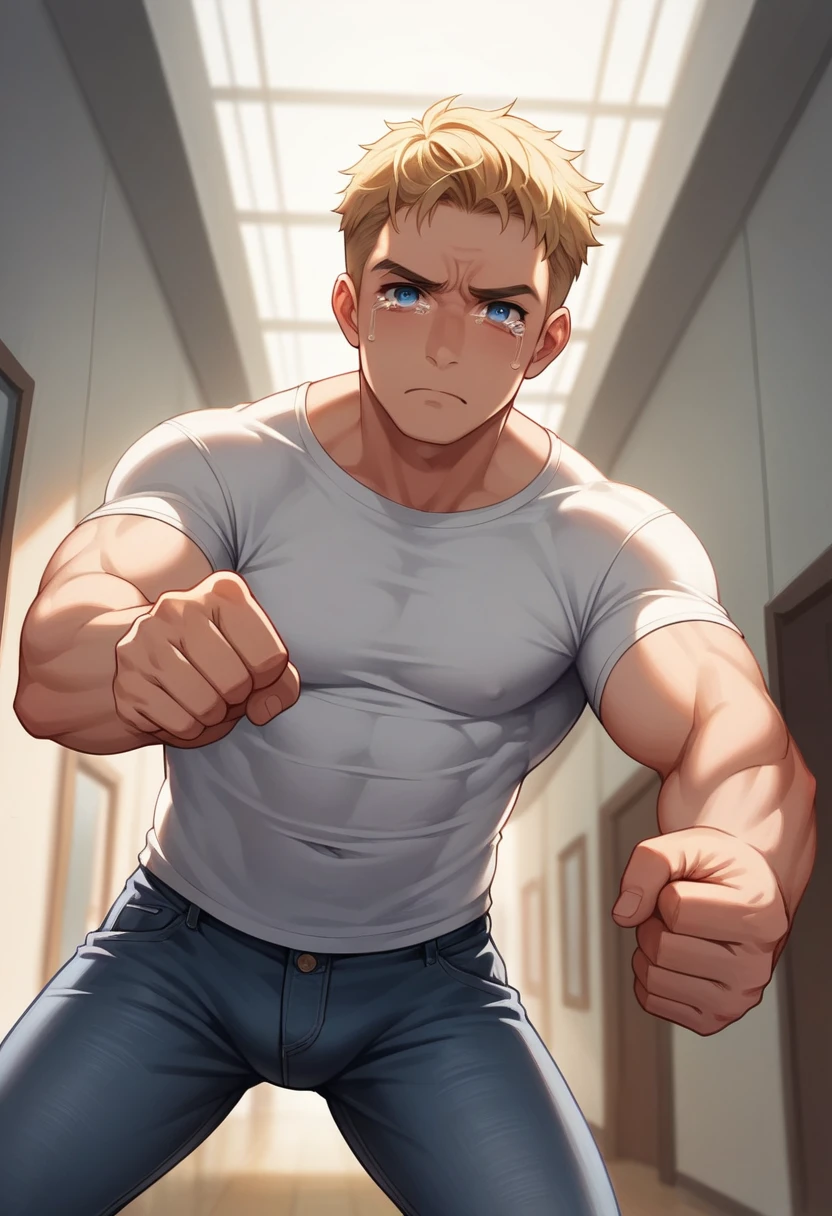 Illustration, detailed illustration, ultra detailed, masterwork, 1boy, 20 year old man, handsome, toned, sad expression, anguished expression, upward angle, dynamic angle, looking at viewer, short blonde hair, blue eyes, hallway, red, jeans, one clenched fist, pointing at viewer, raised fist, tears in eyes, looking down, dynamic pose