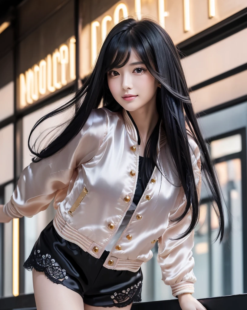 (Highest quality, 32k, High resolution, Masterpiece:1.5), marimo_jet, magnificent々A photograph with brilliant dazzling and healing power., Evoking a sense of calm and elusive beauty, Expressing emotions, Have a rich imagination, Beautiful Japanese Girls, An exceptionally beautiful face, Small Face Beauty, ((Full body low angle:1.3)), Perfect Human Anatomy, Magical big eyes, Motherhood and generosity, Deep Love, fleeting smile, ((Shiny black hair:1.4)), ((Intricately messy super long straight silk hair:1.3)), Asymmetrical bangs, Hair between the eyes, Transparent, soft white skin, Sharp eyebrows, Thin lashes, Natural Makeup, Cheek highlighter, Pale pink detailed lips, ((Black jacket:1.5)), ((Black shorts:1.3)), Slim figure with ample breasts, High resolutionの美しい太もも, ((Early morning street:1.2)), ((illumination)), Professional Lighting, Professional photographer, Professional models, mysterious