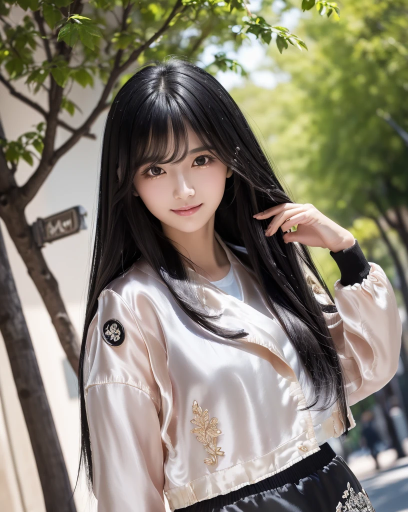 (Highest quality, 32k, High resolution, Masterpiece:1.5), marimo_jet, magnificent々A photograph with brilliant dazzling and healing power., Evoking a sense of calm and elusive beauty, Expressing emotions, Have a rich imagination, Beautiful Japanese Girls, An exceptionally beautiful face, Small Face Beauty, ((Full body low angle:1.3)), Perfect Human Anatomy, Magical big eyes, Motherhood and generosity, Deep Love, fleeting smile, ((Shiny black hair:1.4)), ((Intricately messy super long straight silk hair:1.3)), Asymmetrical bangs, Hair between the eyes, Transparent, soft white skin, Sharp eyebrows, Thin lashes, Natural Makeup, Cheek highlighter, Pale pink detailed lips, ((Black jacket:1.3)), ((Black shorts:1.3)), Slim figure with ample breasts, High resolutionの美しい太もも, ((Early morning street:1.2)), ((illumination)), Professional Lighting, Professional photographer, Professional models, mysterious