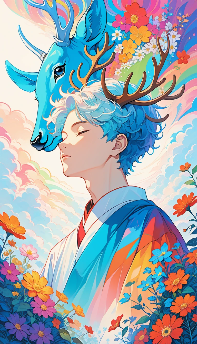 (psychedelic art:1.5),(view from below:1.2),boy,personification,big color block,white,blue,Upper body,eyes closed,deer,There are flowers,