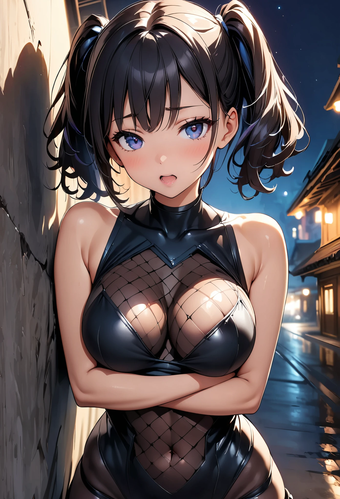 (Highest quality:1.24, Very detailed, Delicate and beautiful CG art, Detailed illustrations, High detail, masterpiece:1.2, Highest quality, Best aesthetics), (((1 Girl))), JK, ((Body net:1.2, Gloss)), Open your mouth:1.2, (Black Hair, Twin tails in a high position, Bust Shot:1.1, Front view, Random Posing, Friendly atmosphere, Glossのある髪, Beautiful Skin, Detailed face and eyes, Glossのある唇, Curvy Women, Slender body, Beautiful breasts:1.4, night, Leaning against a wall, Light and shadow with attention to detail, Background Blur.