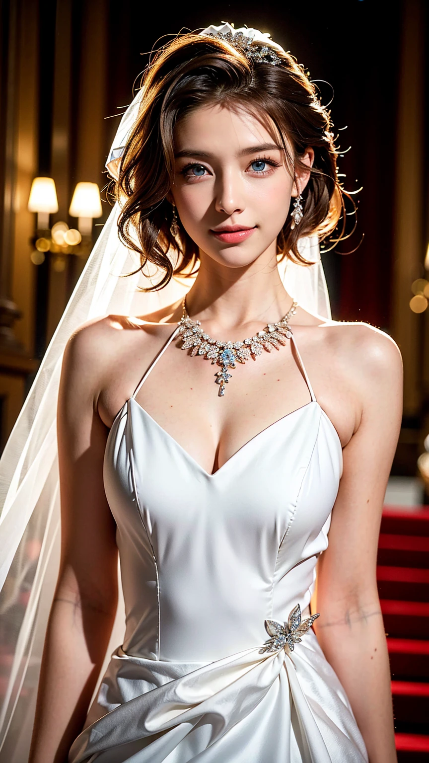 (((masterpiece)))、((Highest quality))、((超Realistic))、bride、wedding、Luxurious floral dresses、Lightly Dressed、Small Tiara、Earrings、necklace、Formal Wear、night景、illumination、blue eyes、blonde、short hair、Hair tied up、Full body photo、Sexy Face、short hair、 A look of complete lust、20-year-old women、perspective、Very detailed、The perfect temptation、Best image quality、Fine-grained image quality、beautiful、European women,Italian women,Japanese women, smile、blue eyes、jewelry, Realistic, High resolution, Glowing Skin, (Detailed face), night, blonde, Wavy Hair,attractive appearance, smile、C cup