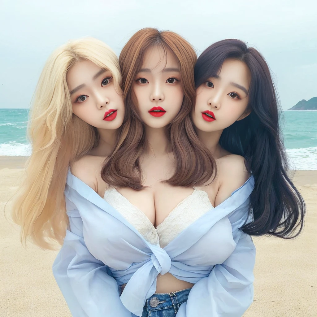 2heads, best resolution, korean woman with three heads, button shirt, smiling, red lipstick, different faces, beach