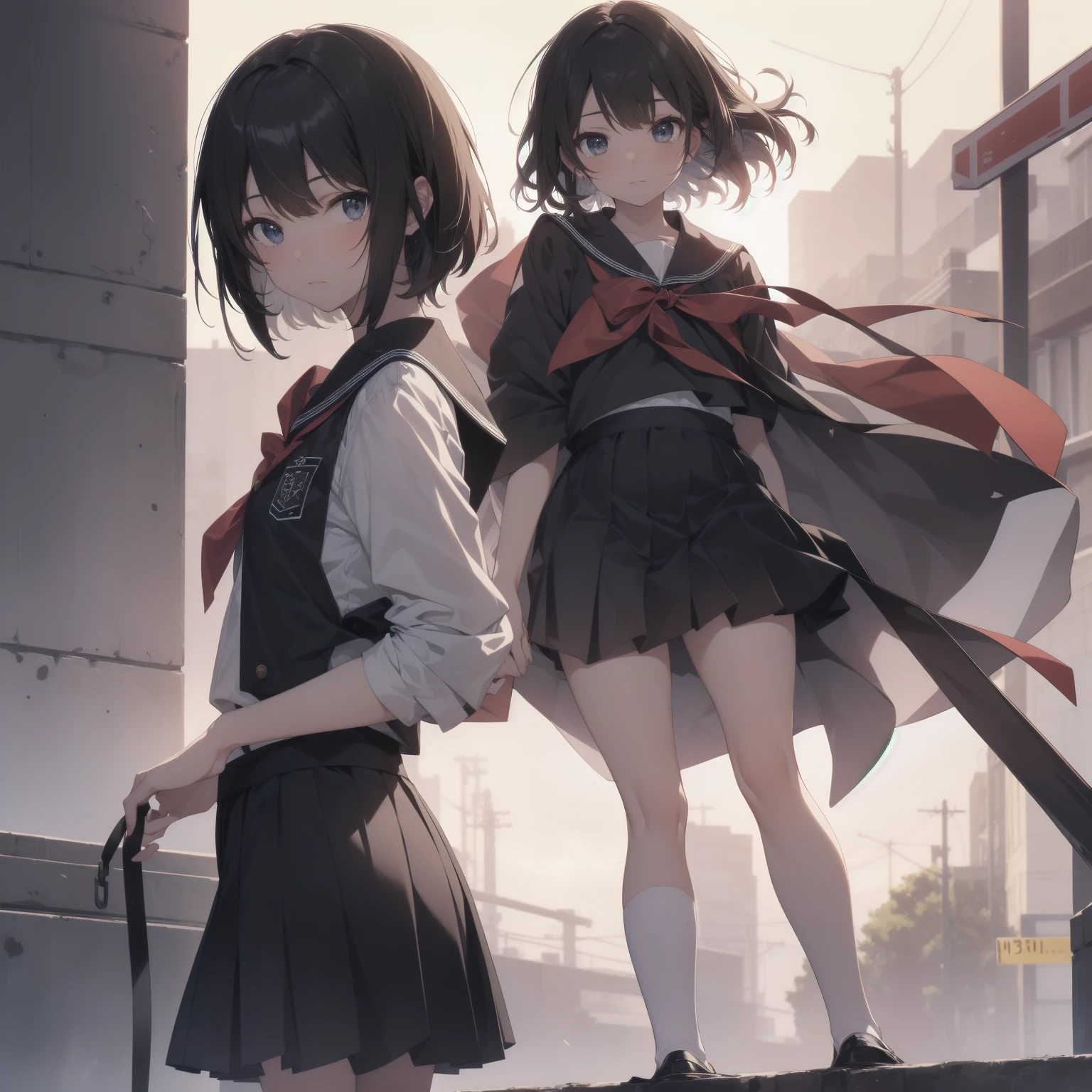 ultra-absurdres-Top quality by artist God, ultra-detailed, high resolution, anime moe artstyle, best anime 8k konachan wallpaper, pixiv contest winner, pool:2810, perfect anatomy,break, 1girl, (Please draw a girl walking sleepily to school alone. )break,(Solo,little female, 13-year-old:1.3),Full limbs, complete fingers,a junior high school student, (very short hair), short cut, flat chest, , small butt, small black eyes, beautiful detailed eyes, well-proportioned iris and pupils, expressive eyes, highres detailed hair, soft expression, salor school_uniform, sailor collar, serahuku, bow, pleated skirt,(Detailed Lighting), (Detailed background), in the School commute route.break,dewy skin, perspiration on the skin,skin texture, fine lines, pores, natural imperfections,light reflections, glossy skin, shiny skin,break,Rim Lighting, Subsurface Scattering, God Rays, Chromatic Aberration, Bokeh, Lens Flare, Volumetric Lighting, Anamorphic Lens Flare, Bloom, Depth of Field,backlight, soft bounced lighting, soft natural lighting, candolelight, neon light, hard(soft) shadows, spot light, break,Best cinematic lighting powered by famous artist, 8k,beauty illustration,photoshop_(medium),very aesthetic,break,((artist:enkyo_yuuichirou )), artist:clamp ,artist:carnelian ,artist:kantoku ,