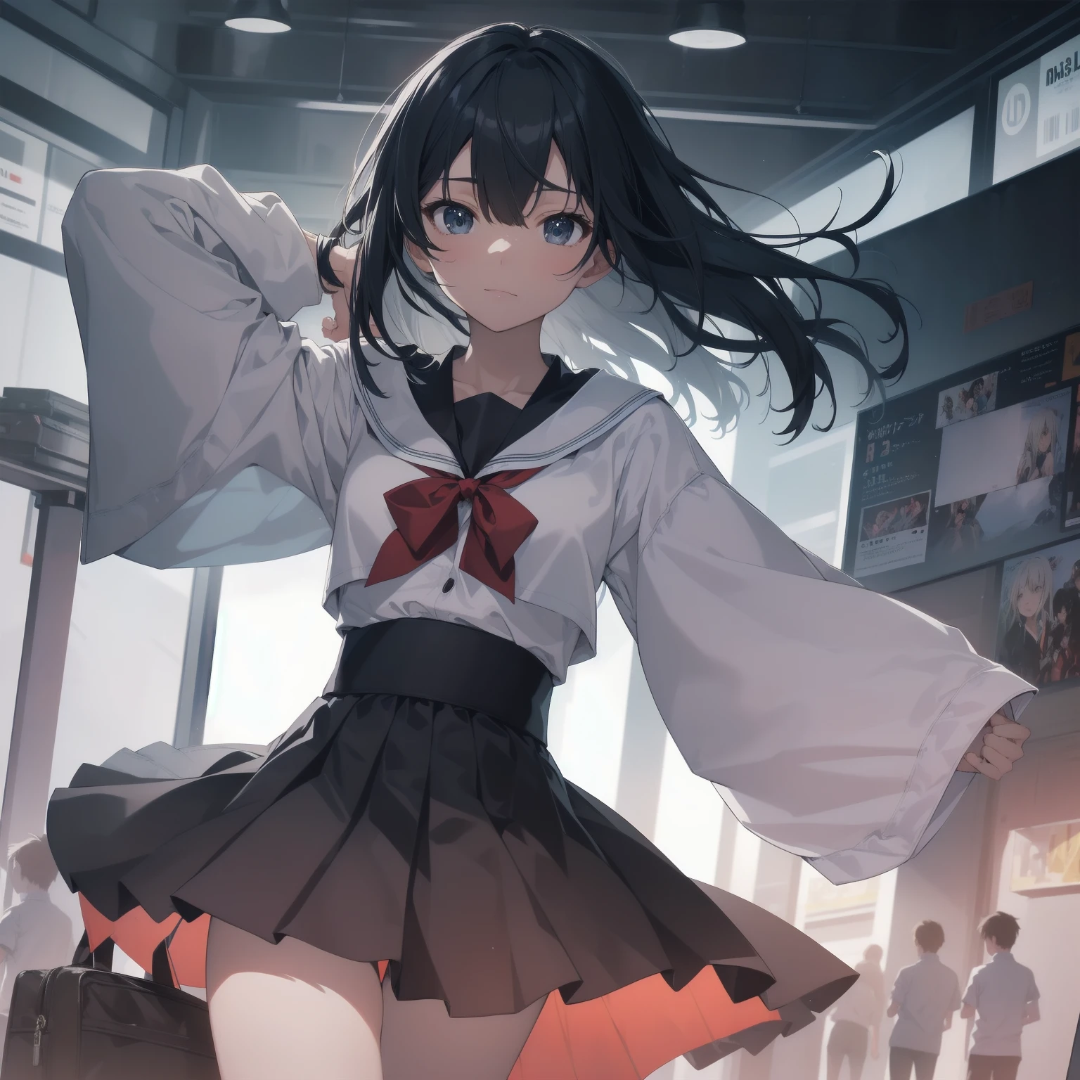 ultra-absurdres-Top quality by artist God, ultra-detailed, high resolution, anime moe artstyle, best anime 8k konachan wallpaper, pixiv contest winner, pool:2810, perfect anatomy,break, 1girl, (Please draw a girl walking sleepily to school alone. )break,(Solo,little female, 13-year-old:1.3),Full limbs, complete fingers,a junior high school student, (very short hair), short cut, flat chest, , small butt, small black eyes, beautiful detailed eyes, well-proportioned iris and pupils, expressive eyes, highres detailed hair, soft expression, salor school_uniform, sailor collar, serahuku, bow, pleated skirt,(Detailed Lighting), (Detailed background), in the School commute route.break,dewy skin, perspiration on the skin,skin texture, fine lines, pores, natural imperfections,light reflections, glossy skin, shiny skin,break,Rim Lighting, Subsurface Scattering, God Rays, Chromatic Aberration, Bokeh, Lens Flare, Volumetric Lighting, Anamorphic Lens Flare, Bloom, Depth of Field,backlight, soft bounced lighting, soft natural lighting, candolelight, neon light, hard(soft) shadows, spot light, break,Best cinematic lighting powered by famous artist, 8k,beauty illustration,photoshop_(medium),very aesthetic,break,((artist:enkyo_yuuichirou )), artist:clamp ,artist:carnelian ,artist:kantoku ,