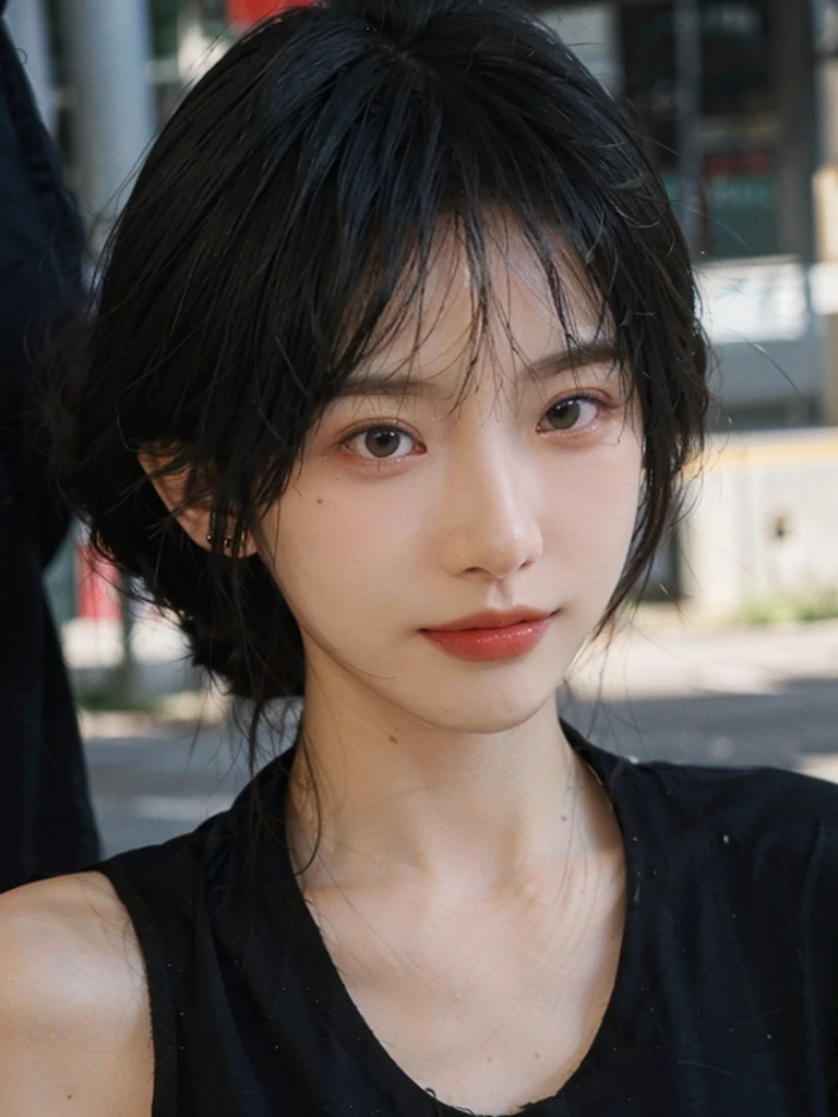 (Skin details:1.4), (smooth skin textures:1.3), (Upper body:1.4),(Upper Body:1.3),(Black clothes:1.4),Lipstick, background, earrings, serene, calm, (Realistic and detailed eyes:1.2), Natural skin texture, Realistic facial details, Soft dramatic lighting, Vivid details, 35 mm film, outdoor, (Photo Practical:1.4), (hyper Practical:1.4), (Practical:1.3), (Smoother lighting:1.05), (Improve lighting quality:0.9), (Highest quality real skin textures:1.4), Exquisite eyes, Delicate face, Close-up of face, (Enhance the beauty of skin texture:1.1),0Normal body proportions, short hair, Moles under the eyes, A faint smile,Portrait Photography, Depth of Field, Bokeh, Surrealism, Ray Tracing, (Portrait Photography:1.1), Surrealism, High Detail, Chiaroscuro, Ray Tracing, reflected light, Ultra HD, Ultra HD, masterpiece, Textured Skin, Super Detail, High Detail, high quality, best quality