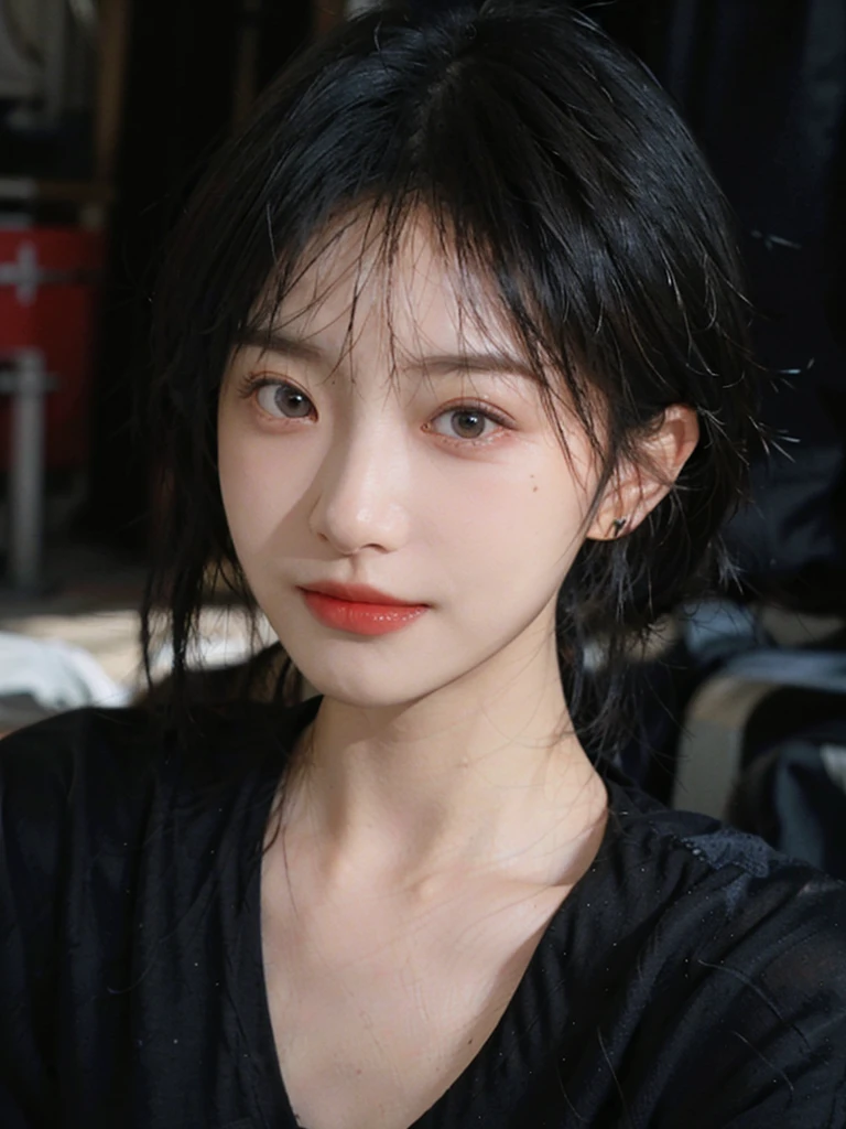 (Skin details:1.4), (smooth skin textures:1.3), (Upper body:1.4),(Upper Body:1.3),(Black clothes:1.4),Lipstick, background, earrings, serene, calm, (Realistic and detailed eyes:1.2), Natural skin texture, Realistic facial details, Soft dramatic lighting, Vivid details, 35 mm film, outdoor, (Photo Practical:1.4), (hyper Practical:1.4), (Practical:1.3), (Smoother lighting:1.05), (Improve lighting quality:0.9), (Highest quality real skin textures:1.4), Exquisite eyes, Delicate face, Close-up of face, (Enhance the beauty of skin texture:1.1),0Normal body proportions, short hair, Moles under the eyes, A faint smile,Portrait Photography, Depth of Field, Bokeh, Surrealism, Ray Tracing, (Portrait Photography:1.1), Surrealism, High Detail, Chiaroscuro, Ray Tracing, reflected light, Ultra HD, Ultra HD, masterpiece, Textured Skin, Super Detail, High Detail, high quality, best quality