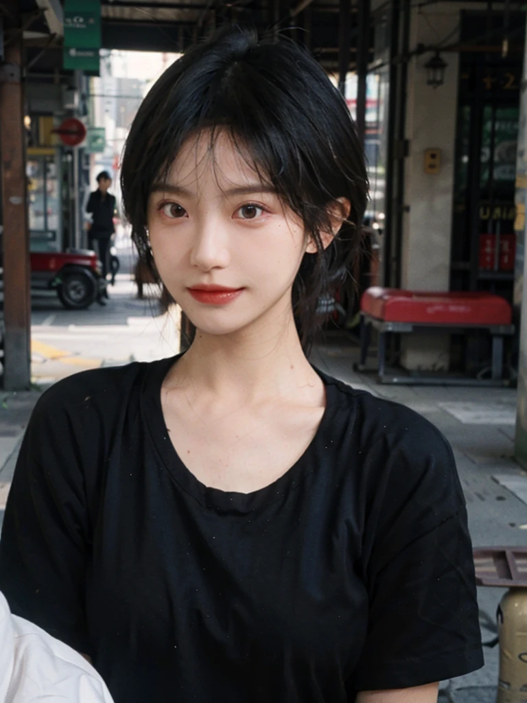 (Skin details:1.4), (smooth skin textures:1.3), (Upper body:1.4),(Upper Body:1.3),(Black clothes:1.4),Lipstick, background, earrings, serene, calm, (Realistic and detailed eyes:1.2), Natural skin texture, Realistic facial details, Soft dramatic lighting, Vivid details, 35 mm film, outdoor, (Photo Practical:1.4), (hyper Practical:1.4), (Practical:1.3), (Smoother lighting:1.05), (Improve lighting quality:0.9), (Highest quality real skin textures:1.4), Exquisite eyes, Delicate face, Close-up of face, (Enhance the beauty of skin texture:1.1),0Normal body proportions, short hair, Moles under the eyes, A faint smile,Portrait Photography, Depth of Field, Bokeh, Surrealism, Ray Tracing, (Portrait Photography:1.1), Surrealism, High Detail, Chiaroscuro, Ray Tracing, reflected light, Ultra HD, Ultra HD, masterpiece, Textured Skin, Super Detail, High Detail, high quality, best quality