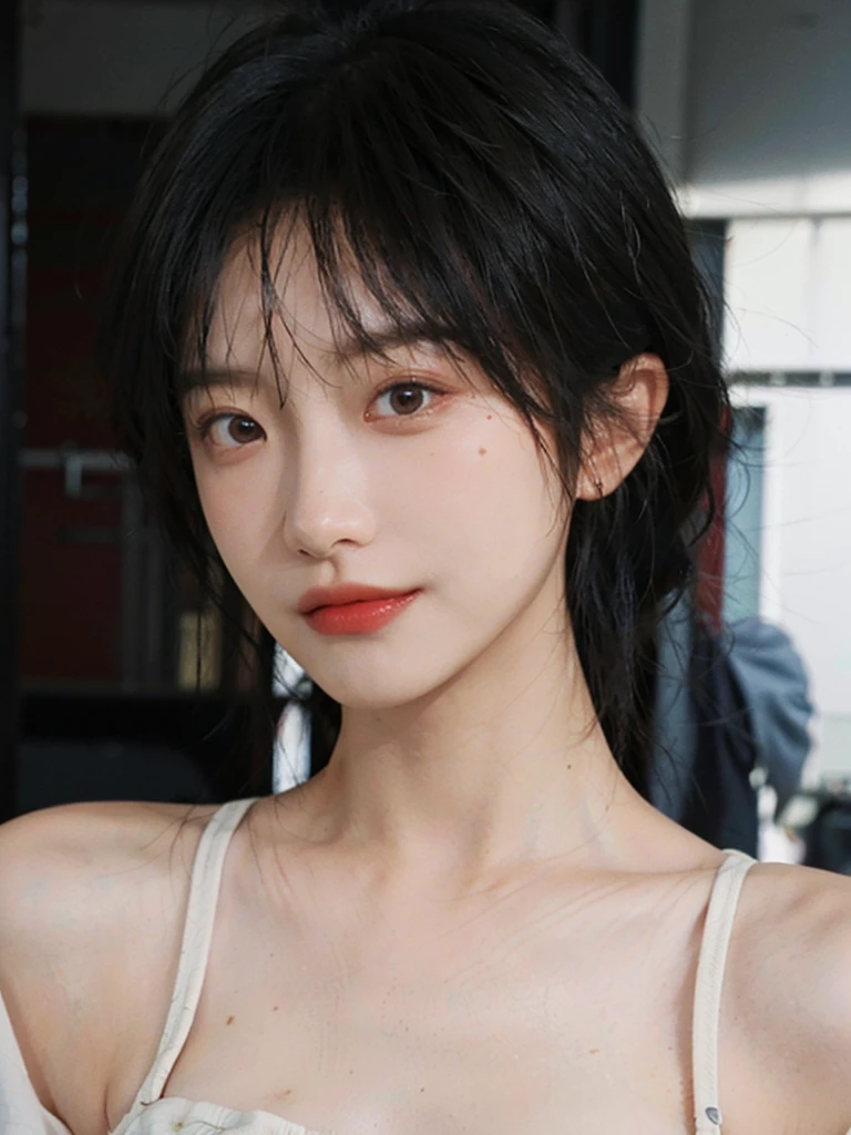 (Skin details:1.4), (smooth skin textures:1.3), （Upper body：1.4），（Upper Body：1.3)，(Black clothes:1.4)，Lipstick, background, earrings, serene, calm, (Realistic and detailed eyes：1.2）, Natural skin texture, Realistic facial details, Soft dramatic lighting, Vivid details, 35 mm film, outdoor, (Photo Practical:1.4), (hyper Practical:1.4), (Practical:1.3), (Smoother lighting:1.05), (Improve lighting quality:0.9), (Highest quality real skin textures:1.4), Exquisite eyes, Delicate face, Close-up of face, (Enhance the beauty of skin texture:1.1),0Normal body proportions, short hair, Moles under the eyes, A faint smile,Portrait Photography, Depth of Field, Bokeh, Surrealism, Ray Tracing, (Portrait Photography:1.1), Surrealism, High Detail, Chiaroscuro, Ray Tracing, reflected light, Ultra HD, Ultra HD, masterpiece, Textured Skin, Super Detail, High Detail, high quality, best quality