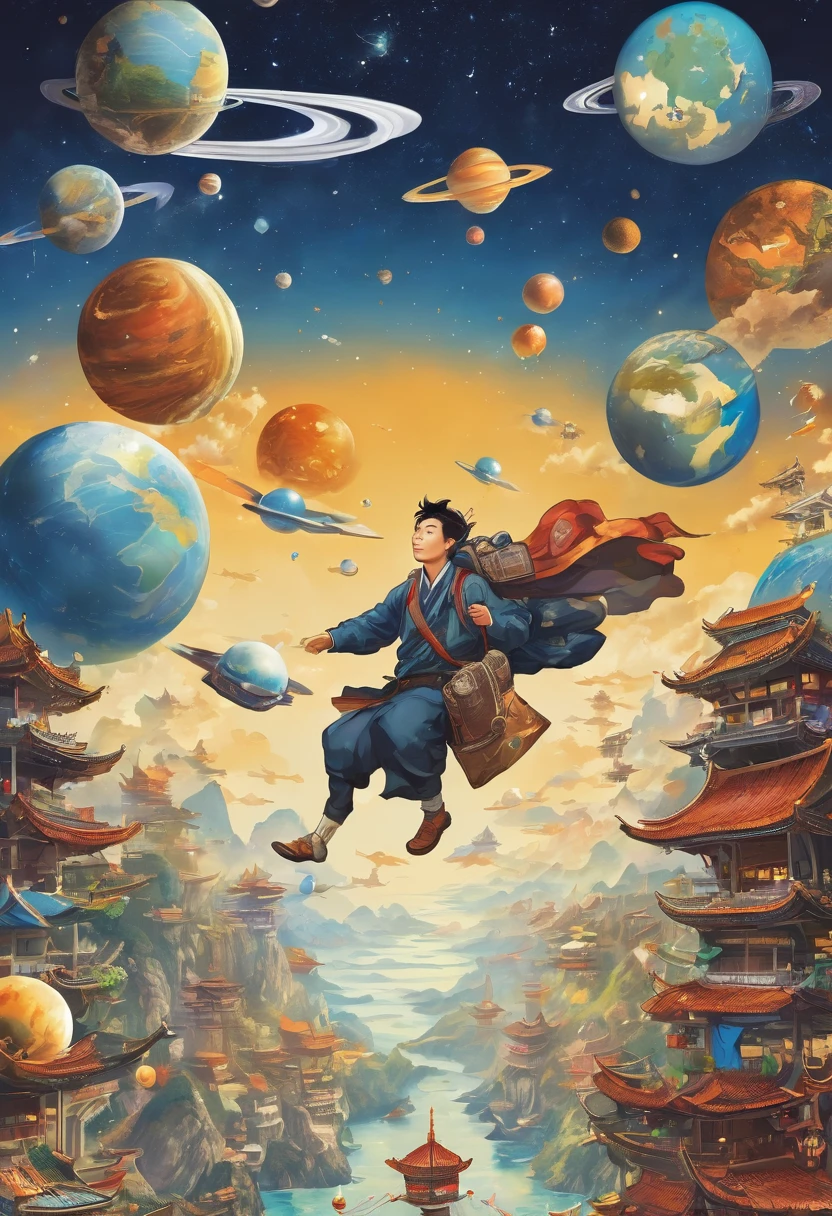 A man flies through the sky,Surrounded by a planet,A variety of goods surround it。The man holds the map,'s illustration。