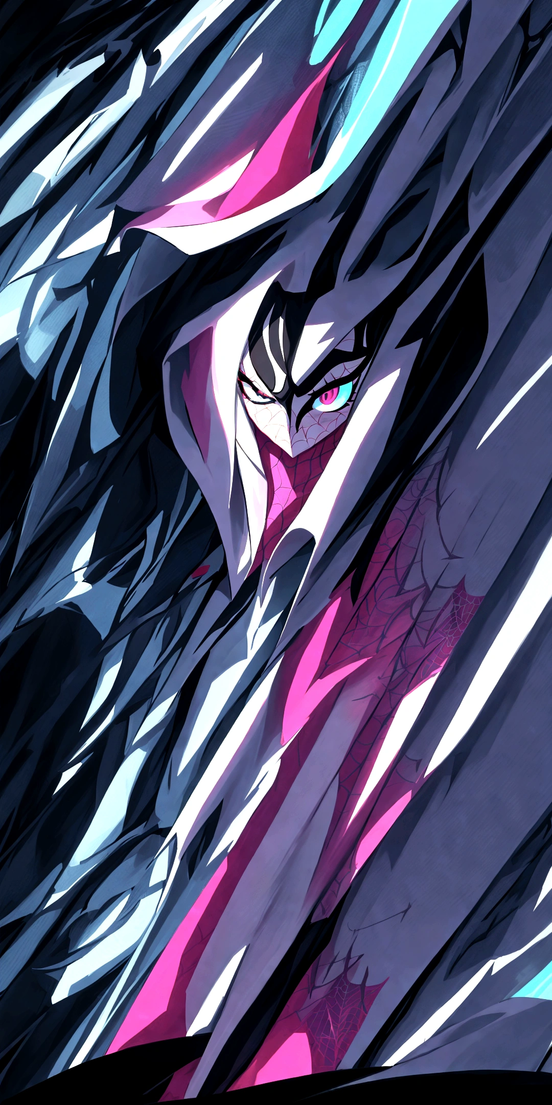 Close-up of cartoon character with very long hair, SPIDER GWEN, Spider Gwen, Spider - Gwen, 2d art, 2 d art, Low resolution, background image, official fanart, cel - shaded art style, loish |, ominous pose, A high resolution, 2D style, Stylized neon, digital art from danganronpa, kda