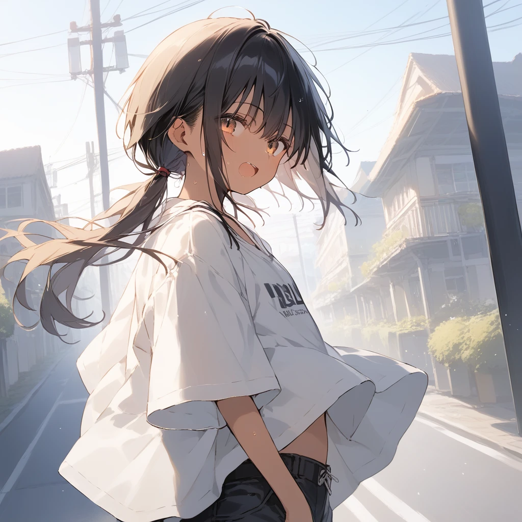 score_9, score_8_up, score_7_up, source_anime, best quality, masterpiece, official art, absurdres, highres, ultra-detailed,waifu2x,Collection: Slice of Life,break,1girl, tomboy, dark-skinned female, short hair, low ponytail, flat chest, beautiful detailed eyes, short shorts, sweat, open mouth, (yawn:0.3), sleepily, outdoors, wind, break,(clear line illustration:1.2),very high resolution, very aesthetic, super detailed skin, Best sexual lighting powered by famous artist, 8k,cute picture,beauty illustration,photoshop_(medium),,(Detailed Lighting),best anime 8k konachan wallpaper, pixiv contest winner, 