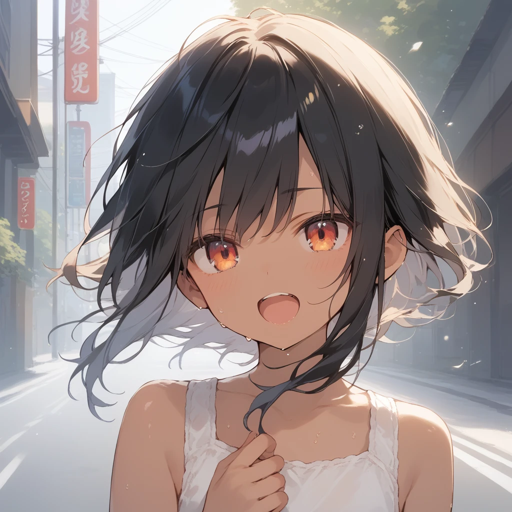 score_9, score_8_up, score_7_up, source_anime, best quality, masterpiece, official art, absurdres, highres, ultra-detailed,waifu2x,Collection: Slice of Life,break,1girl, tomboy, dark-skinned female, short hair, low ponytail, flat chest, beautiful detailed eyes, short shorts, sweat, open mouth, (yawn:0.3), sleepily, outdoors, wind, break,(clear line illustration:1.2),very high resolution, very aesthetic, super detailed skin, Best sexual lighting powered by famous artist, 8k,cute picture,beauty illustration,photoshop_(medium),,(Detailed Lighting),best anime 8k konachan wallpaper, pixiv contest winner,