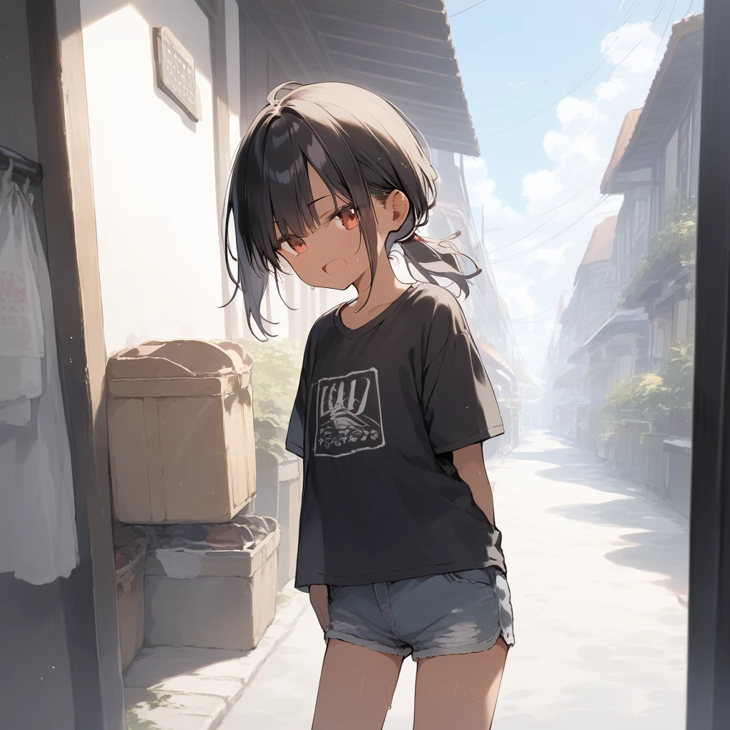 score_9, score_8_up, score_7_up, source_anime, best quality, masterpiece, official art, absurdres, highres, ultra-detailed,waifu2x,Collection: Slice of Life,break,1girl, tomboy, dark-skinned female, short hair, low ponytail, flat chest, beautiful detailed eyes, short shorts, sweat, open mouth, (yawn:0.3), sleepily, outdoors, wind, break,(clear line illustration:1.2),very high resolution, very aesthetic, super detailed skin, Best sexual lighting powered by famous artist, 8k,cute picture,beauty illustration,photoshop_(medium),,(Detailed Lighting),best anime 8k konachan wallpaper, pixiv contest winner,