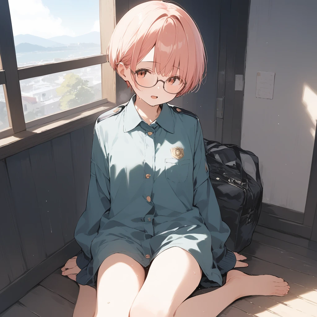 score_9, score_8_up, score_7_up, source_anime, best quality, masterpiece, official art, absurdres, highres, ultra-detailed,waifu2x,Collection: Slice of Life,break,1girl, very short hair,pixie cut, long bangs, glasses, uniform, small breasts, sweat, open mouth, (wavy mouth:0.3), indoors, sit, summer, break,(clear line illustration:1.2),very high resolution, very aesthetic, super detailed skin, Best sexual lighting powered by famous artist, 8k,cute picture,beauty illustration,photoshop_(medium),,(Detailed Lighting),best anime 8k konachan wallpaper, pixiv contest winner,