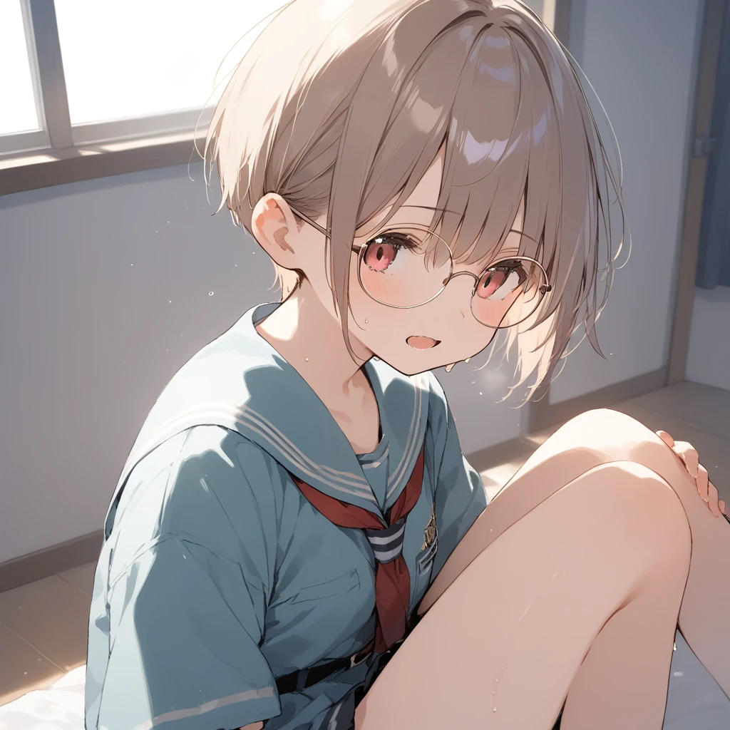 score_9, score_8_up, score_7_up, source_anime, best quality, masterpiece, official art, absurdres, highres, ultra-detailed,waifu2x,Collection: Slice of Life,break,1girl, very short hair,pixie cut, long bangs, glasses, uniform, small breasts, sweat, open mouth, (wavy mouth:0.3), indoors, sit, summer, break,(clear line illustration:1.2),very high resolution, very aesthetic, super detailed skin, Best sexual lighting powered by famous artist, 8k,cute picture,beauty illustration,photoshop_(medium),,(Detailed Lighting),best anime 8k konachan wallpaper, pixiv contest winner,